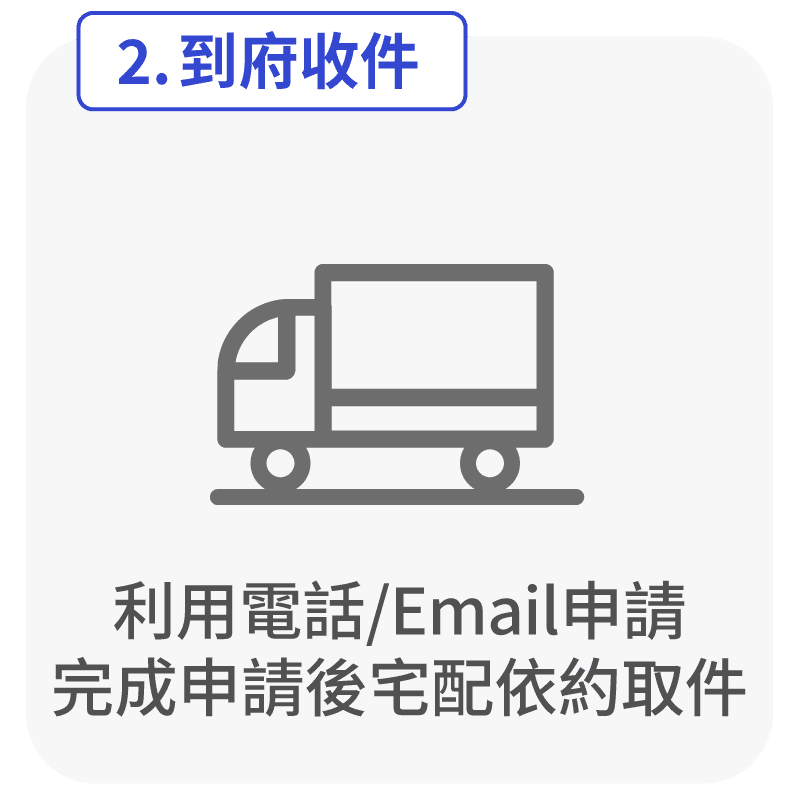 2.到府收件 利用電話/Email申請,完成申請後宅配依約取件