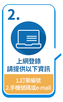 上網登錄請提供以下資訊1.訂單編號2.手機號碼或e-mail