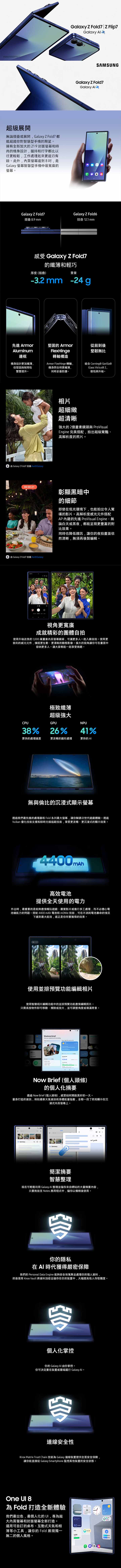 超級展開無論或展開 Galaxy Z  都能超越你對智慧型手機的期望擁有全新加大的1:9封面和時尚的機身設計 握持和打字都比以往更輕鬆,工作處理起來更遊刃有餘。此外,內達到8,是Galaxy 螢幕智慧型手機中最寬廣的螢幕。GalaxyZ Fold7  Z Flip7Galaxy SAMSUNGGalaxy Z Fold7Galaxy Galaxy Z Fold7Galaxy Z Fold 89mm摺疊 12.1 mm感受 Galaxy Z Fold7厚度(摺疊)的和輕巧重量-3.2 mm -24 g先進 Armor堅固的 Armor從前到後uminum邊框FlexHinge堅韌無比轉軸構造機身設計更加纖薄,但堅固與耐用性雙雙提升。Armor FlexHinge 轉軸,機身閉合時更纖薄,同時妥善防護。結合 Corning  GorillaGlass Victus® 2.韌性再升級。6  Galaxy Z Fold7 拍攝 #whGalaxy00:00:212  Galaxy Z Fold7 拍攝 #withGalaxy相片超細緻超清晰強大的2億畫素鏡頭與 ProVisualEngine 完美搭配,拍出超級驚豔高解析度的照片。彰顯黑暗中的細節即使在低光環境下,也能拍出令人驚嘆的影片。高解析度感光元件搭配AP內建的先進 ProVisual Engine,無論白天或黑夜,都能呈現更豐富的對比效果。同時也降低雜訊,讓你的夜拍畫面依然清晰,無須再後製編輯。視角更寬廣成就精彩的團體自拍使用升級改良的1, 萬畫素內頁螢幕鏡頭,可讓更多人一起入鏡自拍。使用更銳利的感光元件,捕捉更生動更清晰的動態影像。擴大的視角讓你可在畫面中容納更多人。讓大家都能一起享受樂趣。極致纖薄超級強大CPUGPUNPU38%26%41%更快的處理速度更流暢的圖形處理更快的 無與倫比的沉式顯示螢幕透過我們最先進的處理器和 Fold 系列最大螢幕,讓你解鎖次世代遊戲體驗。透過Vulkan 優化技術支援和即時光線追蹤技術,享受更流暢、更沉浸式的顯示效果。4400mAh高效電池提供全天使用的電力外出時,最重要的是能夠盡情暢玩遊戲、影片或進行多工處理,而不必擔心電池續航力的問題。搭配 4400mAh 電池和 mDNle 技術,可在不消耗電池壽命的情況下達到最大能效,這正是你所要獲得的效果。使用並排預覽功能編輯相片使用智慧相片編輯功能中的並排預覽功能盡情編輯照片。只需長按物件即可移動、擦除或放大,並可調整角度或填滿背景。Weekend briefNow Brief (個人頭條)的個人化摘要透過 Now Brief (個人頭條),感受如何開啟美好的一天。量身打造的資訊,例如最新天氣資訊和身體能量指數,全都一目了然地顯示在沉浸式內頁螢幕上。it SummarySummary簡潔摘要智慧整理 現在可輕鬆利用 Galaxy  整理並儲存來自網站的大量摘要內容,只要拖放至 Notes 應用程式中,儲存以備稍後使用。你的隱私在 時代獲得嚴密保障我們的 Personal Data Engine 能夠安全地蒐集並處理你的個人資料,然後使用 Knox Vault 將資料加密並儲存在你的裝置中,提高他人存取難度。個人化掌控你的 Galaxy 由你掌控。你可決定要在裝置或雲端運行 Galaxy Al。連線安全性Knox Matrix Trust Chain 技術為 Galaxy 連線裝置提供全面安全保障,讓你能直接從 Galaxy Smartphone 監控其他裝置的安全狀態。One  8為 Fold 打造全新體驗我們最出色,最個人化的UI,專為超大內頁螢幕和封面螢幕全新打造。運用可自訂的桌布、互動式天氣和相簿等小工具,讓你的Fold展現獨一無二的個人風格。4350000