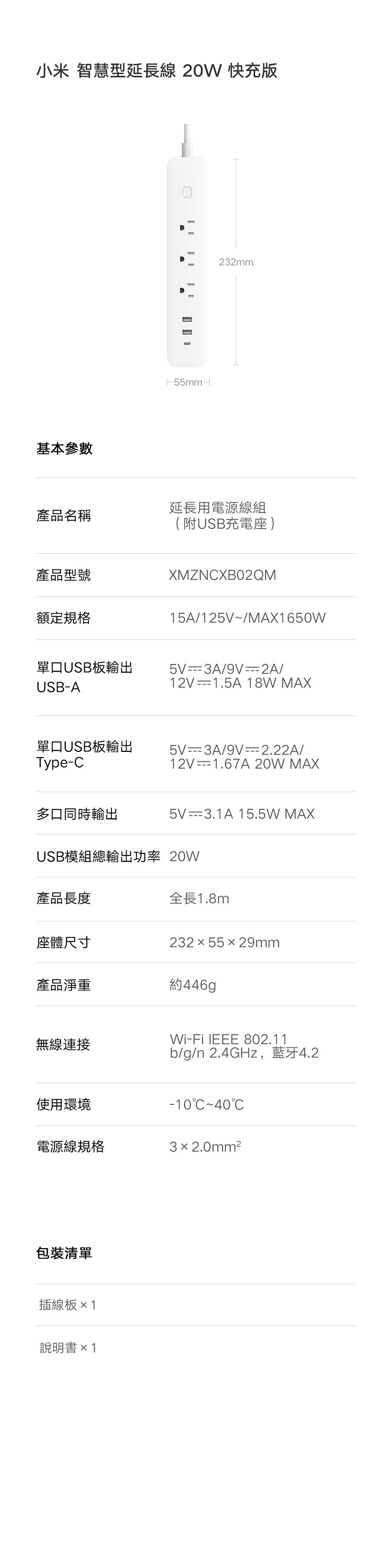 小米 智慧型延長線 20W 快充版基本參數產品名稱產品型號額定規格232mm55mmL延長用電源線組(附USB充電座)XMZNXB02QM15A/125V~/MAX1650w單口USB板輸出5V=3A/9V2A/USB-A12V=1.5A 18W MAX單口USB板輸出Type-5V3A/9V2.22A/12V=1.67A 20W MAX5V=3.1A 15.5W MAX多口同時輸出USB模組總輸出功率 20W產品長度全長1.8m座體尺寸2325529mm產品淨重約446g無線連接Wi-Fi  802.11b/g/n 2.4GHz,藍牙4.2使用環境-10C-40C電源線規格32.0mm²包裝清單插線板×1說明書