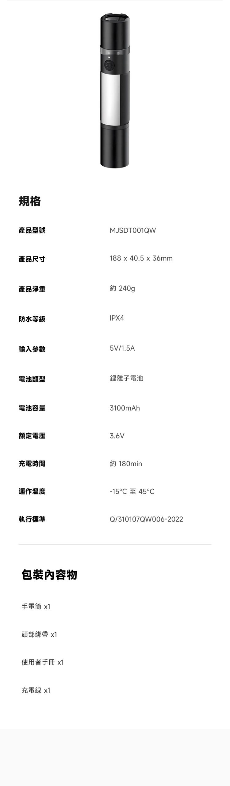 規格產品型號產品尺寸產品淨重MJSDT001QW188 x 40.5 x 36mm約 240g防水等級IPX4輸入參數5V/1.5A電池類型離子電池電池容量3100mAh額定電壓3.6V充電時間約 180min運作溫度-15至45執行標準包裝內容物手電筒 x1頭部綁帶 x1使用者手冊x1充電線 x1Q/310107QW006-2022