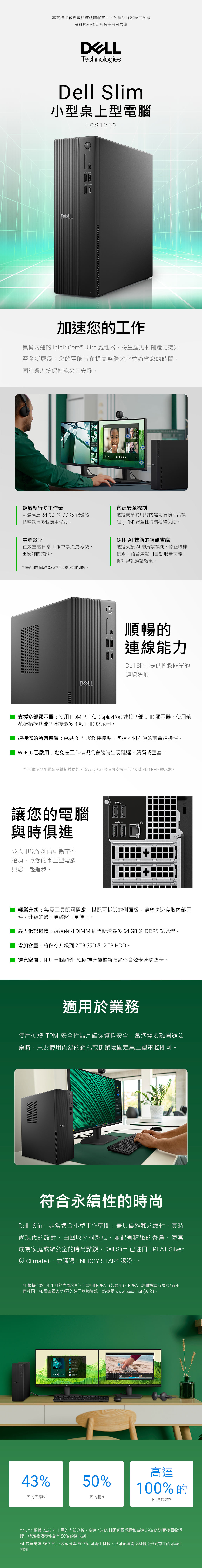 本機種出廠搭載多種硬體配置,下列產介紹僅供參考詳細規格請以各商家資訊為準TechnologiesDell Slim小型桌上型電腦ECS150加速您的工作具備內建的 Intel® Core™ Ultra 處理器,將生產力和創造力提升至全新層級您的電腦旨在提高整體效率並節省您的時間,同時讓系統保持涼爽且安靜。輕鬆執行多工作業可選高達 64 GB 的 DDR5 記憶體順暢執行多個應用程式。電源效率在繁重的日常工作中享受更涼爽、更安靜的效能。僅適用於 Intel® Core™ Ultra 處理器的組態。內建安全機制透過簡單易用的內建可信賴平台模組TPM)安全性持續獲得保護。採用 AI 技術的視訊會議透過支援 AI 的背景模糊、修正眼神接觸、語音焦點和自動取景功能,提升視訊通話效果。順暢的連線能力Dell Slim 提供輕鬆簡單的連線選項支援多部顯示器使用HDMI 2.1 和 DisplayPort 連接2部 UHD 顯示器。使用菊花鏈拓撲功能*連接最多4部 FHD 顯示器。連接您的所有裝置:總共8個USB連接埠,包括4個方便的前置連接埠。Wi-Fi6 已啟用:避免在工作或視訊會議時出現延遲、緩衝或壅塞。*1 若顯示器配備菊花鏈拓撲功能,DisplayPort 最多可支援一部4K或四部 FHD 顯示器。(5Gbps讓您的電腦品時俱進令人印象深刻的可擴充性選項,讓您的桌上型電腦與您一起進步。輕鬆升級:無需工具即可開啟,搭配可拆卸的側面板,讓您快速存取內部元件,升級的過程更輕鬆、更便利。最大化記憶體:透過兩個DIMM 插槽新增最多 64GB 的DDR5 記憶體。增加容量:將儲存升級到2TB SSD 和 2 TB HDD。。擴充空間:使用三個額外 擴充插槽新增額外音效卡或網路卡。適用於業務使用硬體 TPM 安全性晶片確保資料安全。當您需要離開辦公桌時,只要使用內建的鎖孔或掛鎖環固定桌上型電腦即可。符合永續性的時尚Dell Slim 非常適合小型工作空間,兼具優雅和永續性。其時尚現代的設計,由回收材料製成,並配有精緻的邊角,使其成為家庭或辦公室的時尚點綴。Dell Slim 已註冊 EPEAT Silver與 Climate+,並通過 ENERGY STAR® 認證*1 根據 2025 年1月的內部分析。已註冊 EPEAT (若適用)。EPEAT 註冊標準各國/地區不盡相同。如需各國家/地區的註冊狀態資訊,請參閱www.epeat.net (英文)。43%50%回收塑膠*2回收鋼*3高達100%的回收包裝*4*2 & *3 根據 2025年1月的分析。高達4%的封閉迴圈塑膠和高達39% 的消費後回收塑膠。特定機箱零件含有 50% 的回收鋼。*4 包含高達 56.7%回收成分與50.7%可再生材料。以可永續開採材料之形式存在的可再生材料。