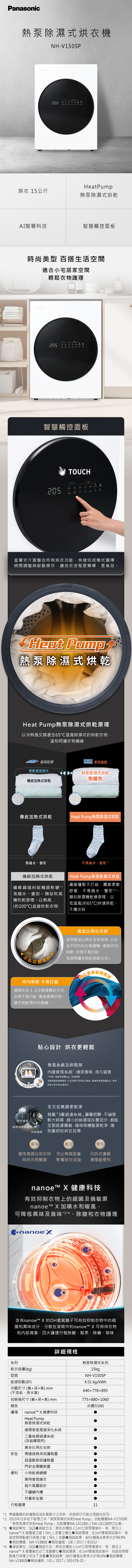 Panasonic熱泵濕式烘衣機HV50Panasonic PUPHeatPump烘衣 15公斤熱泵除濕式烘乾I智慧科技智慧觸控面板時尚美型 百搭生活空間適合小宅居家空間輕鬆衣物護理PanasonicHEAT PUMPA智慧觸控面板TOUH乾表SP 除味N除除大件直覺式介面整合所有烘衣功能快速完成模式選擇、時間調整與啟動操作讓洗衣流程更簡單、更高效。Heat Pump熱泵除濕式烘乾Heat Pump熱泵除濕式烘乾原理以冷熱風交替產生65溫風除濕式的烘乾衣物溫和呵護衣物纖維扁塌亁硬M 柔和蓬鬆柔軟度差很大熱泵除濕式烘乾免曬衣傳統加熱式烘乾傳統加熱式烘乾Heat Pump熱泵除濕式烘乾易縮水、變形傳統加熱式烘乾纖維扁塌糾結觸感乾硬*1易縮水、變形。類似吹風機吹乾原理以熱風約100℃)直接吹乾衣物不易縮水、變形Heat Pump熱泵除濕式烘乾纖維蓬鬆不打結觸感柔軟舒服不易縮水、變形*2。類似除濕機乾燥原理以 低溫風(約65°C)快速烘乾、不傷衣料左右交運轉均勻烘乾 不易打結透過左右1:1交替運轉的方式,衣物不易打結、徹底展開衣物,讓衣物乾得均勻透徹。黃金比例左右烘採用黃金比例左右烘技術,以左烘乾,衣物不易打結。完美呵護衣物的烘乾方式!右不同方向交替運轉,達到均勻獨立身貼心設計 烘衣更輕鬆香氛系統及烘鞋架內建香氛系統*,增添香味,持久留香*附贈一顆香氛膠囊()味道隨機為避免香氛膠囊揮發,在長時間不使用此功能時,建議將香氛膠囊取出,將其香氛系統用袋子密封後妥善保存棉絮濾網磁吸式絲濾網-碎屑濾網潔淨全方位集屑更乾淨搭載「3重過濾系統」層層把關,不論是較大碎屑、細小的絲屑或灰塵泥沙,都能全面過濾攔截,確保槽整潔乾淨,達到最好的烘衣效果避免棉屑沾染衣物保持衣物整潔高效【便利防止棉屑阻塞 可拆式濾網影響烘衣效能 清理超便利nanoe™ 健康科技有效抑制衣物上的細菌及過敏原TMnanoe X加噴水和暖風,可降低異味及臭味*3*4、除皺和衣物護理 X含有nanoe™ X 的OH氫氧離子可有效抑制衣物中的細菌和異味成分,分散在滾筒中的nanoe™ X 可保持衣物和內部清潔,四大護理行程除皺、鬆柔、除螨、除味系列乾衣容量(kg)型號能源因數(EF)外觀尺寸(寬深高)mm(不含給、排水管)詳細規格熱泵除濕式系列15kg包裝箱尺寸(寬深高)mmnanoe™ X 健康科技顏色護理HeatPump熱泵除濕式烘乾循環垂直風道淨化系統三重絲屑過濾系統(含磁鐵吸附)黃金比例左右烘安全便利馬達過負荷保護裝置超溫斷路保護裝置門安全開關裝置小物乾燥網棚專用香氛暖衣超大風量設計不鏽鋼內槽NH-V150SP4.51 kg/kWh640x778x8957758801060冰鑽白(W)兒童安全鎖行程選擇*1 棉11麻纖維的針織製品或針數較少之布料,烘乾時仍可能出現縮水狀況。*2 2010年日本松下販售之非「熱泵除濕式烘乾Heat Pump」功能機種NA-V1700與「Pump」功能機種NA-LX128EL/NA-LX128ER之比較。熱泵除濕式烘乾Heat*3 測試單位:SGS測試方法:將洗衣槽放入之密閉環境中,有、無注入nanoe™ X 氣體後之氨(NH)含量之變化 測試環境:在1m3環境測試箱中,依設定時間點進行採樣之氨(NH)含量 測試結果:60分鐘後去除率大於99.9%▶測試機種:NA-V188EB 報告編號:UB/2017/81012。*4 測試單位:SGS測試方法:將洗衣槽放入1m3之密閉環境中,有、無注入nanoe™ X 氣體後尼古丁含量變化 測試環境:在1m3環境測試箱中,依設定時間點進行採樣之尼古丁含量 測試結果:60分鐘後去除率大於90.6% 測試機種:NA-V188EB報告編號:UG/2017/30147B-01。