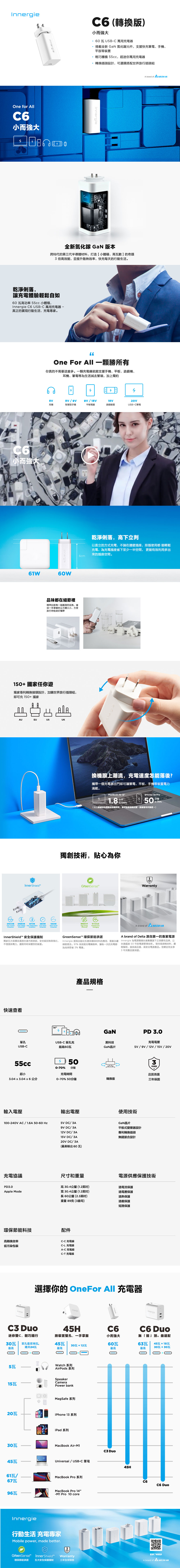 ne for All而強大 轉換版小而強大60瓦UB-C 萬用充電器搭載全新 氮化鎵元件,支援快充筆電、手機、平版等裝置輕巧體積 55cc,超迷你萬用充電器轉換插頭設計,可選購搭配世界旅行插頭組Innergie全新氮化鎵 GaN 版本跨時代第三代半導體材料,打造小體積、高瓦數】的奇蹟3倍高效能,並提升散熱效率,快充每天的行動生活乾淨俐落,讓充電體驗輕鬆自如60瓦高功率55cc 小體積,Innergie  UB-C 萬用充電器-真正的實現行動生活,充電專家。【小而強大One For All 一顆勝所有你真的不需要這麼多。一顆充電器就能支援手機、平板、遊戲機、耳機、筆電等為生活減去繁瑣,加上簡約SA brand of  /  / 5V15V耳機智慧型手機平板電腦遊戲裝置USB-C筆電61W60W品味都在細節裡精準刻劃每一個圓潤的弧角,確保一手掌握的立方體大小,方便旅行時收納好攜帶6cm150+國家任你遊獨家專利轉換接頭設計,加購世界旅行插頭組,即可充150+國家AUEUUSUK乾淨俐落,高下立判方式充電,不論在牆壁插座,排插使用都能輕鬆充電,為充電插座省下至少一半空間, 更能有效利用多出的插座空間。換機跟上潮流,充電速度怎能落後?攜帶一個充電器出門即可讓筆電、平板、手機等裝置電力滿載。MacBook  13%50IPhone 14 Pro分鐘(以上數據皆為實驗室測量結果,會因客觀環境改變,數據會有所誤差。)0-70%獨創技術,貼心為你3(1)InnerShieldGreenSenseWarranty電流 Current保護 過熱保護 Over InnerShield 安全保護機制保護 零污染包装 Energy-PackagingA brand of  獨家五大保護並通過測試,安全級別無與倫比,GreenSense™ 環保節能承諾A brand of Delta 源自第一的專業電源Innergie 提高自動化生產與環保材料的應用,落實永續 Innergie 為電源台集團旗下之消費性品牌,以不僅提供電力,還能同時保護您的裝置。綠能理念。91% 高效能充電轉換率,讓每一次的充電都為地球節省 3% 電量。台超過50年的電源管理技術。堅持高规格材料、嚴格製程,提供高品質、高安全電源產品。官網註冊及享3年完整品質保證。快速查看14產品規格的GaN單孔USB-C 單孔充黑科技USB-C最高60瓦GaN晶片PD 3.0充電電壓5V/9V/12V/15V/55cc超小503年保固0-70% 分鐘充電時間品質首選3.04  3.04 x6公分0-70%50分鐘轉換版三年保固輸入電壓100-240V AC/1.6A50-60 Hz輸出電壓使用技術5V DC/3A9V DC/3A12V DC/3A15V DC/3A20V DC/3A(最高輸出60瓦)GaN晶片平板式變器設計專利轉換插頭無縫接合設計充電協議尺寸和重量電源供應保護技術PD3.0高30.4公釐(1.2英吋)過電流保護Apple Mode寬30.4公釐(1.2英吋)過電壓保護環保節能科技高轉換效率低污染包裝長60公釐(2.3英吋)重量89克(3盎司)配件C-C 充電線C-L 充電線A-C 充電線C-T 充電線過熱保護過載保護短路保護選擇你的 OneFor All 充電器Innergie 45HC6 Duo迷你雙C,輕巧隨行跨裝置雙孔,一手掌握小而強大無「插」別。最速配30瓦單孔最高15瓦,45瓦60瓦63瓦45瓦+18瓦30瓦+12瓦總共24瓦最高最高最高最高30瓦+30瓦O5瓦15瓦Watch 系列AirPods 系列SpeakerCameraPower bankMagSafe 系列iPhone 13 系列iPad 系列30瓦MacBook Air-M145瓦61瓦/96瓦Universal / USB-C 筆電MacBook Pro 系列MacBook Pro 14-M1 Pro 10 coreInnergie行動生活 充電專家Mobile power, made better.GreenSense™環保節能承諾InnerShield™五大安全保護機制3Warranty三年全球保固C3 Duo45HC6C6 Duo官網了解更多A brand of  S