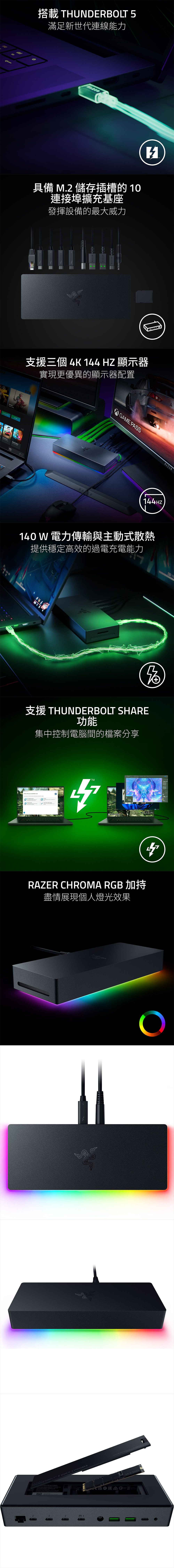 搭載 THUNDERBOLT 滿足新世代連線能力具備 M.2 儲存插槽的10連接埠擴充基座發揮設備的最大威力 支援三個 4K 144HZ 顯示器實現更優異的顯示器配置GAME PASSRAZER144HZRAZER140 W 電力傳輸與主動式散熱提供穩定高效的過電充電能力239/25支援 THUNDERBOLT SHARE功能集中控制電腦間的檔案分享      TMGAME PASSSKYRIMRAZER HROMA RGB 加盡情展現個人燈光效果THUNDERBOLT 5 DOCK CHROMA CM.2 SSD