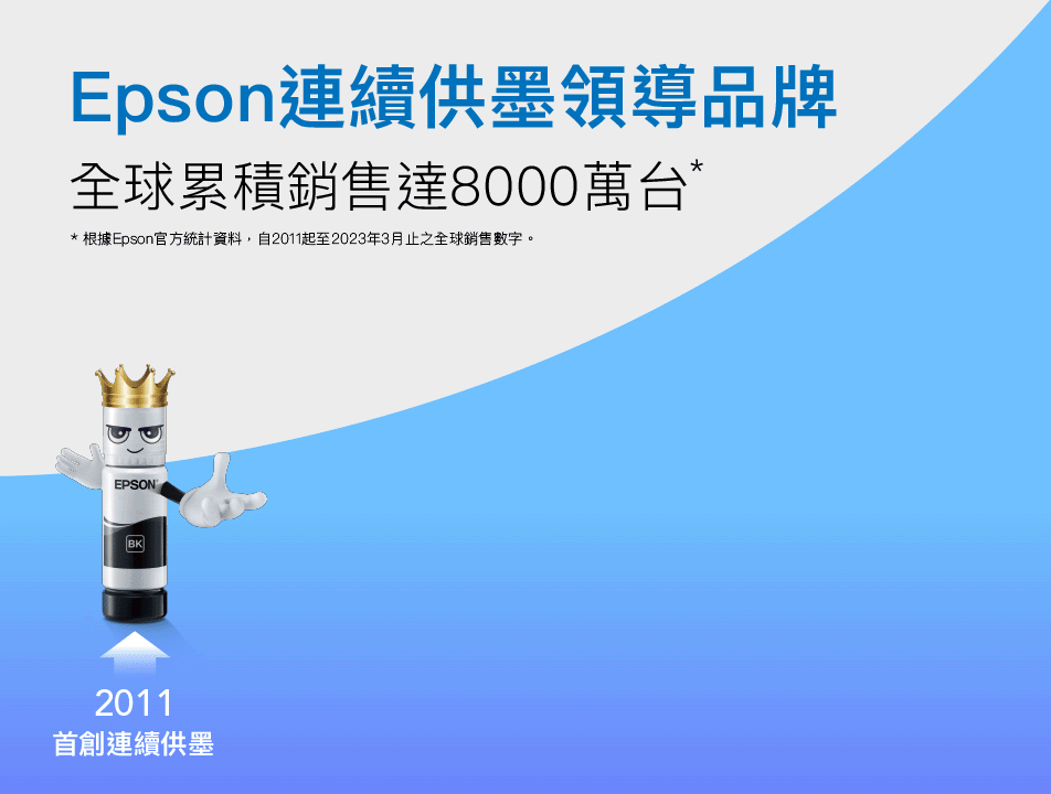 Epson連續供墨領導品牌全球累積銷售達8000萬台** 根據Epson官方統計資料,自2011起至2023年3月止之全球銷售數字。EPSONBK2011首創連續供墨