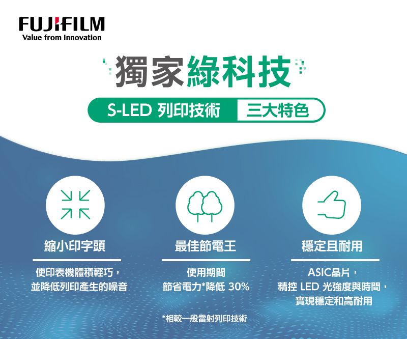 FUJIFILMValue from Innovation獨家綠科技S-LED 列印技術 三大特色縮小印字頭最佳節電王穩定且耐用使印表機體積輕巧,使用期間並降低列印產生的噪音節省電力*降低30%ASIC晶片,精控 LED 光強度與時間,實現穩定和高耐用*相較一般雷射列印技術