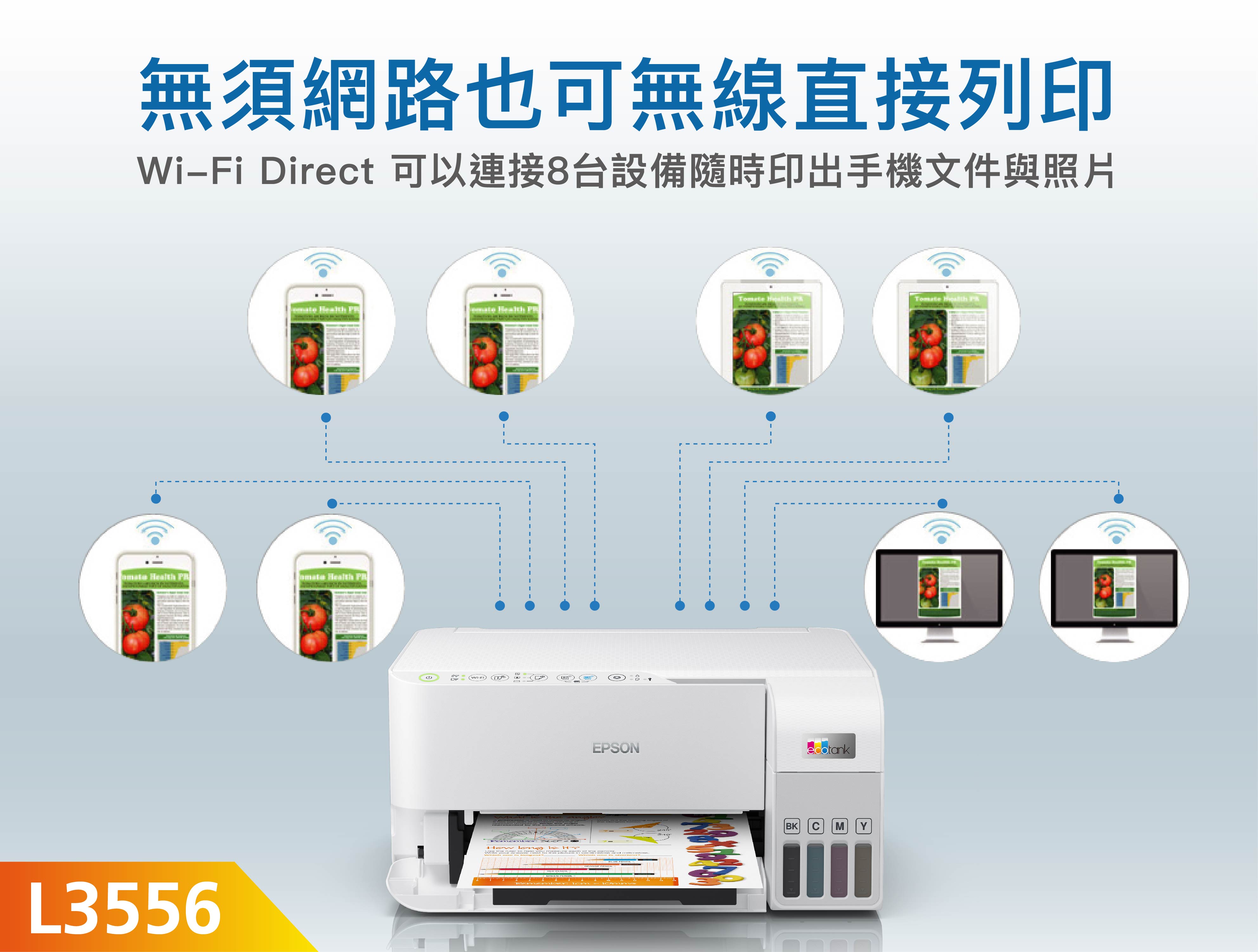 無須網路也可無線直接列印Wi irect 可以連接8台設備隨時印出手機文件與照片L3556D(Wi-Fi()  EPSONecotankBK CM Y
