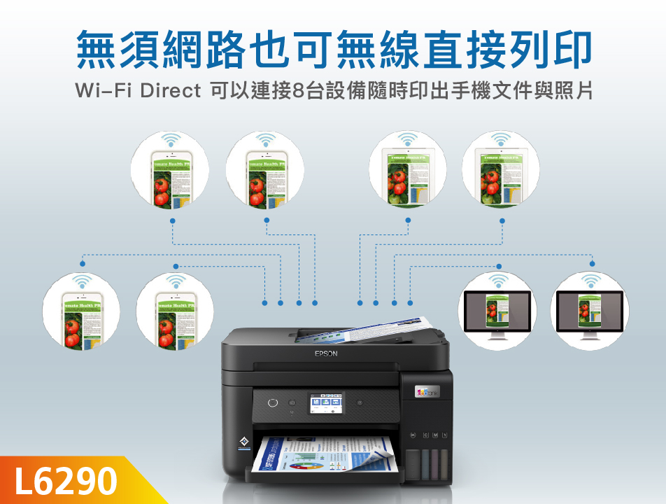 無須網路也可無線直接列印WiFi Direct 可以連接8台設備隨時印出手機文件與照片L6290EPSON