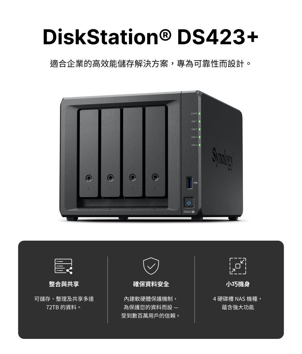 DiskStation® DS423+適合企業的高效能儲存解決方案,專為可靠性而計。整合與共享確保資料安全可儲存、整理及共享多達72TB 的資料。內建軟硬體保護機制,為保護您的資料而設 受到數百萬用戶的信賴。STATUSDISKDISK 2DS423小巧機身4 硬碟槽 NAS 機種,蘊含強大功能