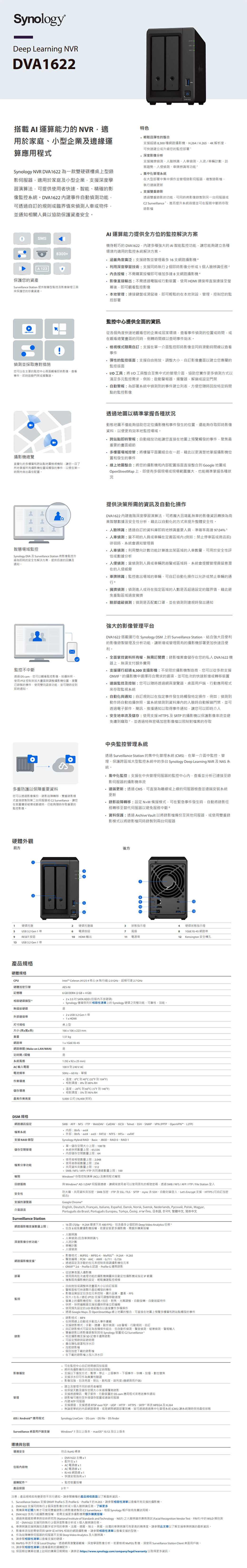 ynologyDeep Lernng NVRDVA62搭載運算能力NVR適於家庭小型企業邊緣運算應用程ynology NVR DVA622 一款雙硬碟槽桌型適用於家庭小型企業深學習演算法提供者速智能精確影像系統DVA622 動功能透過的規則臨界值車物件並通知相關員以協助保護安全特色輕鬆且彈性的支超過8網路攝影H264/H264K解析度快速的分析車/計數訪客趨勢等功能集中化管理系統大型部署中集中操作並管理複製影執更新錄影透過錄影的功能可同錄製另一台2 Surveillance提升系統容錯並可服務中斷錄影SMSA23保護您的830Surveillance Station 提供智慧型監控影像管理保護您的珍貴資產A 運算能力提供全方的監控解決機身輕巧的 DVA22種強大的A 智能監控功能讓您建立各種環境均適用的監控系統解決方案涵蓋角度廣泛錄製並管理最6支網路攝影機  利用深度學習技術執行2影像分析1個務授權不購買授權即可增加多達8支網路攝影機影像直接輸出:不透過電腦使用HDMI連接直接連接至幕後即可監控影像地管理:連接鍵盤或滑鼠後即可輕鬆的在本地架設管理控制您的監控部署並採取應對措施i您可以在主要的監控中心觀看影像即時或監控中心提供全面的資訊各個角度快速地觀看您的企業或居家環境查看的位置或或在觀看總覽畫面的倒以查明事件始末 檢視隨:支援在一介面監控即時影像並同時滑動時間以查看事件彈性的監控版面:支援拖放調整大小自影像畫面以建立您專屬的監控版面I/O工具: I/O工具整合至集中式的管理介面協助您實作更多方式以滿足多元監控需求例如:啟動揚聲器或門禁:為部署系統中偵到的事件建立列方便您回放特定時間點的監控影像攝影機總覽直覺化的多站點檢視機制讓您一目了地掌握所有攝影機位置或觸發的事件以便在第一時間做出最佳透過以精準掌握各種狀況動態地圖不能夠協助您定位攝影機和事件發生的位置還能夠存取即時影像資料以便更有效地監控場域 跨站點即時警報:縮放功能讓您直接在地圖上觸發的事件聚焦最重要的畫面細節多場域控管:將平面圖在一起藉此以更清楚地掌握攝影機位置和發生的事件 線上地圖整合:將您的攝影機和部配置版面直接整合到 Google 地圖或OpenStreetMap上即使有多個現場或現場範圍廣大也能精準掌握各種狀況2a智慧場域監控Synology DVA Surveillance Station 將影像監控升級為即時的安全性解決方案提供迅速的及通知提供決策所需的資訊及化操作DVA1622 進階深度學習演算法可將且雜亂無章的影像資訊轉換為商業智慧數據及安全性分析藉此以化的方式提升整體安全性人:透過自訂的資料即時地重要人員高達904 5人車偵測:當不明的人員或車在定義區域(例如:禁止停車區或商店前徘徊時系統會通知管理員人車偵測:利用雙向計數功能計算進出某區域的人車數量可用於安全性評估或數據分析偵測:當偵測到人員或車輛跨越警戒區域時系統會提醒管理員留意潛在的入侵威脅:監控進出場域的車輛可自訂自動化操作以允許或禁止車輛的通行擁擠偵測:偵測進入或待在區域的人數否超過的臨界值藉此重點區域過度擁擠遮蔽偵測:偵測否配戴口罩並在偵測到規時發出通知監控不中斷透過 cam您可以觀看監控影像拍攝快照使用PTZ 控制畫面與調整攝影機位置錄製的事件使用雙向語音功能並可收到即時通知強大的影像管理平台DVA1622 搭載運行在 Synology M上的 Surveillance Station結合強大且便利的影像錄製管理及分析功能讓新增或管理既有的攝影機部署更加快速且便利全面掌控資料所有權無需訂閱費:錄影會在您的私人DVA1622 機器上無支付額外費用支援運行超過8300支攝影機:不受限於攝影機製造商您可以從多款支援ONVI的攝影機中選擇符合需求的選項並可批次的快速新增或轉移遠端監控及控制:您可以隨時透過網頁器用戶端應用程式存取監視系統自動化與通知:自訂規則以在指定事件發生時觸發特定操作例如:偵測到動作時自動拍攝快照當系統偵測到資料的人時自動解門禁並可透過電子郵件簡訊推通知以取得事件通知讓您可以即時介入安全地及儲存:使用支援HTTPS及SRTP的攝影機以保護影像並避免遭到竊取並透過特殊密碼加密影像以限制對的存取多重防護以保障重要資料您可以透過影像備份錄影故障轉移錄影模式直接錄製到第二台或2 Surveillance讓您在破壞或斷線時能夠隨時存取重要的監控影像中央監控管理系統透過 Surveillance Station 的集中化管理系統(CMS在介面中監控管理保護跨區域大型監控系統中的多台 Synology Deep Learning NVR 及NAS系統集中化監控:支援在中央管理的監控中心内查看並分析已連接至錄影的攝影機串流遠端更新:透過CMS可直接為離線或上線的檢查並遠端系統更新 錄影故障轉移:N+M備援模式可在緊急事件發生時自動將錄影任務轉移至替代以避免服務中斷硬體外觀前方0 0資料保護:透過Archive Vault 以將錄影檔備份至伺服器或使用雙重錄影模式以將錄影檔同時錄製到兩台伺服器後方1 硬碟硬碟托盤鎖3 4硬碟5USB 3 Gen 1 線6 電源按鈕7 用8 RJ45網路9 RESET 按鈕10 HDMI 輸出11 電源12Kensington 安全槽孔13USB 3 Gen 1產品規格硬體規格CPUIntel Celeron J41254核心(4執行 20G 27 GHz硬體加密引擎AESNI記憶體6 GB DDR4 (2GB+4GB相容硬碟235SATA HDD (包裝不含硬碟 Synology 僅確保列於相容性上的Synology 硬碟之完整功能熱插拔硬碟2  USB  Gen 1連接埠尺寸规格 1 HDMI桌上型大小(高x長)網路埠網路唤醒 (Wake on LAN/WAN)定時/關機系統16606x223mm151 kg1 x 1GbE RJ-45是是1 (92 x 92 x 25 mm)AC 輸入電壓電流频環境儲存環境最高高度到240V AC- 60 Hz單:0到40C (32 到F)濕度:8%到80% RH:-20到60C (-5F 到140F) 相對濕度:5% 95% RH5000公尺(16400 英呎)DSM 規格SMBAFPNFSFTPWebDAVCalDAVTelnetSSHSNMPVPN (PPTPOpenVPNL2TP)網路通訊協定檔案系統:Btrfsext4支援 RAID 類型儲存管理檔案分享功能外部:Btrfsext4ext3FAT32NTFSHFS+exFATSynology Hybrid RAIDBasicJBODRAID 0單一儲存空間大小上限:108 TB系統快照數量上限:65536儲存空間數量上限:64使用者數量上限:2048使用者群組數量上限:256資料數量上限:512SMB/NFS/AFP/FTP 共同連線數量上限:權限Windows 存取控制清單(ACL)及應用程式權限服務與Windows® AD / LDAP 伺服器連線讓網域使用者可以使用原先的帳號密碼透過SMB/NFS/AFP/FTP/File Station 防火牆共用資料夾加密SMB 加密FTP含SSL/TLSSFTP含SSH自動登入Lets Encrypt支援HTTPS(可自訂加密安全性組合)支援的瀏覽器Google Chrome介面語言Surveillance Station網路攝影機支援數量上限:English Deutsch Français Italiano Español Dansk Norsk Svensk Nederlands, , Polski, Magyar,Português do Brasil, Português Europeu, Türkçe, , , 本語 中文 简体中文16路 (720pH.264 環境共480 FPS),包含最多2個即時 Deep Video Analytics 任務)包含8組免費攝影機授權,若要安裝更多攝影機,需額外購買授權人偵測(包含)深度影像分析功能。人流計數輛計數入侵偵測.影像格式:MUPEGMPEG-4MPEGH.264H.265編碼:AACAMR-G711726網路攝影機支援部署透過固定及浮動的控制來微調攝影機率ONVIF™ Profile S認證,Profile G邊際錄影 從算表匯入攝影機.使用批次處理功能的攝影機來自動定位攝影機或指定IP範圍複製既有攝影機的設定,輕鬆建監控規模自由拖放或調整流畫面大小以自訂版面面板可快速顯示最近觸發的事件.影像品質設定包含位元率控制圖片品質FPS放大/左右/違近(PTZ)支援速度監控上的攝影機控制:/,調整自動旋轉自動物件快照快照器支援拍攝快照後立即編輯錄影.使用設定的模組整合以直接實作多種操作透過 Google Maps 及 OpenStreetMap 線上地圖的整合,可直接在地圖上預覽多樓層和跨站點觸發的事件錄影格式:MP4.在時間線上自動或加入事件支援錄影模式:連續、動作偵測、VO警報、行動規則、自訂. 自訂錄影模式可設定為各種組合,包含動作偵測、聲音偵測、破壞偵測、警報輸入 雙重錄影以將影像錄製到其他 Synology 裝置或 C2 Surveillance)特定攝影機支援  記憶卡邊際錄影可設定預錄與錄時間隱私罩和浮水印加密錄影檔別加密的錄影個.在下載的錄影檔上加入浮水印.可在監控中心自訂時間線回放版面將所有攝影機同步回放到指定時間點影像播放支援以下播放方式:暫停、停止、上個事件,下個事件、快轉、、數位支援浮水印可作為真實性驗證影像加強,包含、對比、度、度(僅網頁用戶端).建立及管理不同的使用者權限依保留天數及儲存空間大小來錄影支援透過簡訊、電子郵件、行動裝置的 DS cam 應用程式寄送事件通知管理錄影檔可備份至外接儲存裝置或遠端伺服器 NTP 伺服器支援通道:支援透過RTSP over TCP,UDP、HTTP、HTTPS、SRTP串流MPEG4及H.264 / Android 應用程式是單純的網路環境,或是網際網路部署架構,透過透過集中化管理系統(CMS)讓系統隨時最佳Synology LiveCam、DS cam、DS file,DS finderSurveillance 用戶端支援Windows*7 及以上版本、*10.12 及以上版本環境與包裝環境安全包裝內容物符合RoHS 標準DVA1622配件包· AC電源線x1AC電源線x1RJ-45網路線x1快速安裝x1選購配件產品保固·監控裝置授權3日注意:產品規格如有變更恕不另行通知,請機種的產品規格頁面以了解最新資訊。 Surveillance Station 支援 ONVIF Profile S及Profile G. Profile T 的H.265,請參閱相容性清單以查看所有支援的攝影機。2.DVA1622 支援同時執行2個深度影像分析或1個人辨識任務,了解更多需構買年訂閱方案使用雙重錄影以將影像錄製到 C2 Surveillance, Synology 帳戶皆有免費用期。4. DVA1622 含有八組攝影機授權,若需支援更多攝影機需額外購買授權。5. 通過標準與技術研究院(National Institute of Standards and Technology,)之人臉辨識供應商測試 (Facial Recognition Vendor TestFRVT)中的WILD 測試 支援同時執行2個深度影像分析或1個人臉辨識任務。 本牌辨識支援辨識包含或字母的牌、、德國、瑞士、、台灣的車牌辨識可有更高的精準度,請參閱此文章以了解支援車牌辨識的最新資訊。7. 影像串流加密需使用與SRTP 或HTTPS 相容的網路攝影機,請參閱相容性清單以查看支援的型號。 作為故障轉移伺服器的伺服器不支援 Deep Video Analytics 及人臉辨識。9.請參閱相容性清單以查看支援的硬碟。10. MxPEG 串流不支援 Local Display,透過網頁瀏覽器觀看、深度學習影像分析。若要檢視 MPEG 影像,須使用 Surveillance Station Client 桌面用戶端。 請參閱相容性清單以查看最新的選購配件。12. 保固期從購買收據上註明的購買日期開始,請參訪 https://www.synology.com/company/legal/warranty 以取得更多資訊。