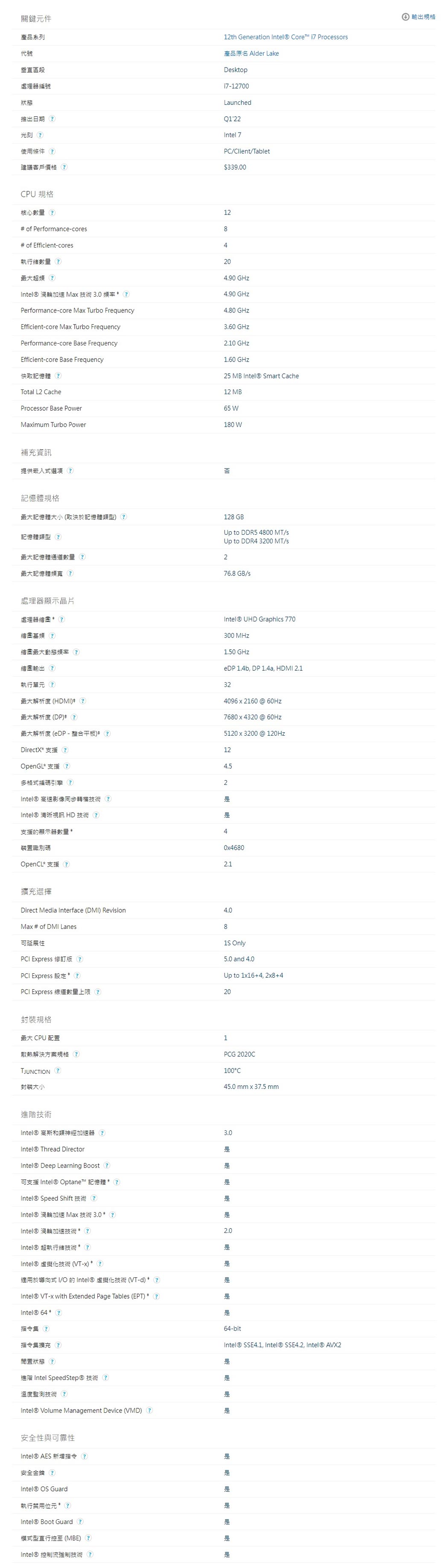 Intel Core i7-12700 中央處理器盒裝- PChome 24h購物