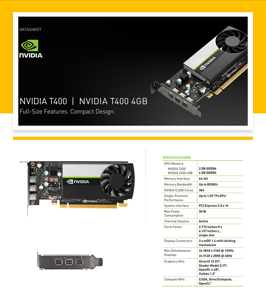 DATASHEET T400   T400 4GBFull-Size Feature Compact Design.NVIDIASPECIFICATIONSGPU MemoryNVIDIA T400NVIDIA T400 4GBMemory InterfaceMemory BandwidthNVIDIA CUDA CoresSingle-PrecisionPerformanceSystem InterfaceMa PowerConsumptionThermal SolutionForm FactorDisplay ConnectorsMa SimultaneousDisplaysGraphics Compute 2 GB GDDR64 GB GDDR664-bitUp to 80GB/s384Up to 1.09 PCI Epress 3.0 x 1630 WActive2.713 inches H x6.137 inches Lsingle slot3x mDP 1.4 with latchingmechanism3x3840 x 2160 @ 120Hz3x 5120 x 2880 @ 60HzDirectX Shader Model OpenGL Vulkan CUDA, DirectCompute,OpenCLNVIDIA