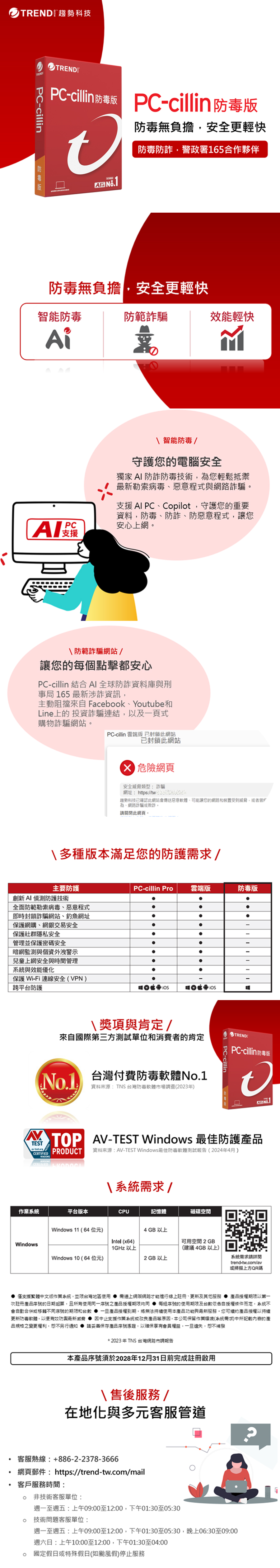 趨勢科技TRENDPCTRENDPC-cillin PC-cillin 版防毒無負擔安全更輕快 防毒防警政署165合作夥伴防毒無負擔安全更輕快智能防毒防範騙效能輕快AiPC支援 智能防毒/守護您的電腦安全獨家 AI 防詐防毒技術您輕鬆抵禦勒索病毒惡意程式與支援 AI PCCpilot守護您的重要資料,防毒、防詐、防惡意程式,讓您安心上網防範詐騙網站 /讓您的每個點擊都安心PC-cillin 結合 AI全球防詐資料庫與刑事局165最新涉詐資訊,主動阻擋來自 Facebook、Youtube和Line上的 投資詐騙結,以及一頁式購物詐騙網站PC-cillin 雲端版封鎖此網站已封鎖此網站 危險網頁安全類型:詐騙網址:https://tw趨勢科技已確認此網站會傳送惡意,可能讓您的網路和裝置受到威脅,者曾為、網路詐騙或欺詐。請關閉此網頁。多種版本滿足您的防護求/主要防護PC-cillin Pro雲端版防毒版創新AI 防護技術全面防範勒索病毒、惡意程式即時封鎖詐騙網站、釣魚網址保護網購、網銀交易安全保護社群隱私安全管理並保護密碼安全暗網監測與個資外洩警示-兒童上網安全與時間管理與效能優化保護 Wi-Fi 連線安全(VPN)-跨平防護獎項與肯定/來自際第三方測試單位和消費者的肯定TRENDPC-cillin防毒版PC-cillin_ 灣付費防毒軟體No.1資料來源:TNS 台灣防毒軟體市場查(223年)AB TEST-CERTIFIED AV-TEST Windows 防護PRODUCT資料來源:AV-TEST Windows最佳防毒軟體測試報告(2024年4月) 系統平台版本\ 系統需求 /CPU記憶體磁碟空間Windows 11 (64位元)4 B 以上WindowsIntel (x64)1GHz 以上可用空間 2GB(建議4GB以上)Windows 10 (64位元)2 GB 以上系統需求請詳閱trend-tw.com/av或掃描上方QR碼 僅支援繁體中文版系統,並限台灣地區使用需連上網際網路才能進行線上註冊、更新及其他服務 產品授權期限以第一次註冊產品序號的日期起算,且所有使用同一序號之產品授權期限均每組序號的使用期限及台授權條件而定,系統不會自動合併或移不同序號的期限和台 一旦產品授權到期,將無法持續使用本產品功能與最新服務。您可續約產品授權以持續更新防毒軟體,以便有效最新威脅 因中止支援作業系統或產品原因,本公司保留作業環境(系統需求)中所記載內容的產品規格之變更權利,恕不另行通知 請妥善保存產品序號憑證,以確保會員權益,一旦遺失,恕不補發*2023年TNS 台灣網路市調報告本產品序號須於2028年12月31日前完成註冊啟用售後服務/在地化與多元客服管道客服熱線:+886-2-2378-3666網頁郵件:https://trend-tw.com/mail客戶服務時間:0非技術客服單位:週一至週五:上午09:00至12:00,下午01:30至05:30 技術問題客服單位:週一至週五:上午09:00至12:00,下午01:30至05:30,晚上06:30至09:00週六日:上午10:00至12:00,下午01:30至04:00o 國定假日或特殊假日(如颱風假)停止服務G