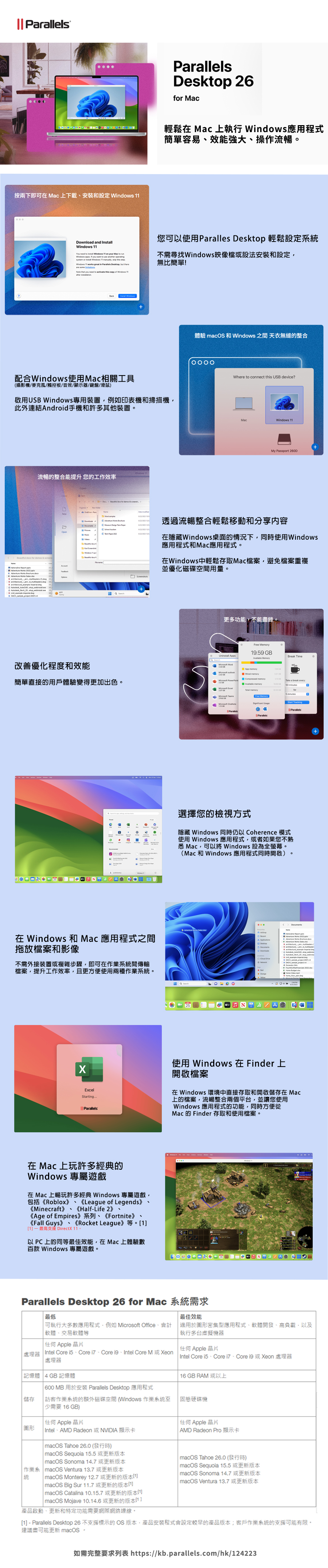 按兩下即可 Mc上下載安裝和設定  Desk 26 Mac輕鬆在 Mac 上執行  應用程式簡單容易效能強大操作流暢Download and Instl          Wdows        or       stepWindows    in          to     Windows 您可以使用Paralles Desktop 輕鬆設定統不需尋找Windows映像檔或設法安裝和設定無比簡單!配合Windows使用Mac相關工具攝影機/麥克風/觸控板/音效/顯示器/鍵盤/滑鼠啟用U Windows專用裝置例如印表機和掃描機此外連結Android手機和許多其他裝置流暢的整合能提升您的工作效率   demos         S (1)         f  for  & 改善優化程度和效能    簡單直接的用戶體驗變得更加出色。在 Windows 和 Mac 應用程式之間拖放檔案和影像不需外接裝置或複雜步驟即可在作業系統間傳輸檔案提升工作效率且更方便使用兩種作業系統。體驗 macOS 和 Windows 之間 天衣無縫的整合Where to connect this USB device?MacWindows 11My Passport 260D透過流暢整合輕鬆移動和分享内容在隱藏Windows桌面的情況下同時使用Windows應用程式和Mac應用程式。在Windows中輕鬆存取Mac檔案,避免檔案重複並優化磁碟空間用量。更多功能,不能盡錄。Free  199 GB MemoryBreak Time   Take a  every  Total memory  5 minutesB  Parallels選擇您的檢視方式隱藏 Windows 同時仍以 Coherence 模式使用 Windows 應用程式,或者如果您不熟悉 Mac,可以將 Windows 設為全螢幕。(Mac 和 Windows 應用程式同時開啟)。25EParallels   p       al  A使用 Windows 在 Finder上開啟檔案ExcelStarting在 Windows 環境中直接存取和開啟在 Mac上的檔案,流暢整合兩個平台,並讓您使用ParallelsWindows 應用程式的功能,同時方便從Mac 的 Finder 存取和使用檔案。在 Mac上玩許多經典的Windows 專屬遊戲在 Mac 上暢玩許多經典 Windows 專屬遊戲,包括Roblox》《League of Legends》《Minecraft》《Half-Life 2》《Age of Empires》系列《Fortnite》、《Fall Guys》、《Rocket League》等。1[1 - 最高支援DirectX 11。以PC上的同等最佳效能,在Mac 上體驗數百款 Windows 專屬遊戲。Parallels Desktop 26 for Mac 系統需求 最低 可執行大多數應用程式,例如 Microsoft Office、會計軟體、交易軟體等  Apple  處理器 Intel Core . Core 、Core  、 Intel Core M 或Xeon處理器 記憶體 4GB 記憶體儲存  600 MB 用於安装 Parallels Desktop 應用程式作業系統的額外磁碟空間 (Windows 作業系統至少需要 16GB)任何 Apple 晶片 Intel、AMD Radeon 或NVIDIA顯示卡 macOS Tahoe 26.0 (發行時)macOS Sequoia 15.5或更新版本 macOS Sonoma 14.7 或更新版本作業系 macOS Ventura 13.7 或更新版本 macOS Monterey 12.7 或更新的版本統 macOS Big Sur 11.7 或更新的版本 macOS Catalina 10.15.7 或更新的版本] macOS Mojave 10.14.6或更新的版本[1]產品啟動、更新和特定功能需要網際網路連線。最佳效能於圖形密集型應用程式、軟體開發、高負載,以及執行多台虛擬機器任何Apple晶片 Intel Core  、Core 、Core 或Xeon 處理器16GB RAM或以上固態硬碟機任何Apple 晶片AMD Radeon Pro 顯示卡 macOS Tahoe 2.0 (發行時)macOS Sequoia 15.5或更新版本| macOS Sonoma 14.7 或更新版本| macOS Ventura 13.7 或更新版本[1] - Parallels Desktop 26 不支援標示的OS 版本,產品安裝程式會設定較早的產品版本;客戶作業系統的支援可能有限。建議盡可能更新 macOS,如需完整要求列表 https://kb.parallels.com/hk/124223