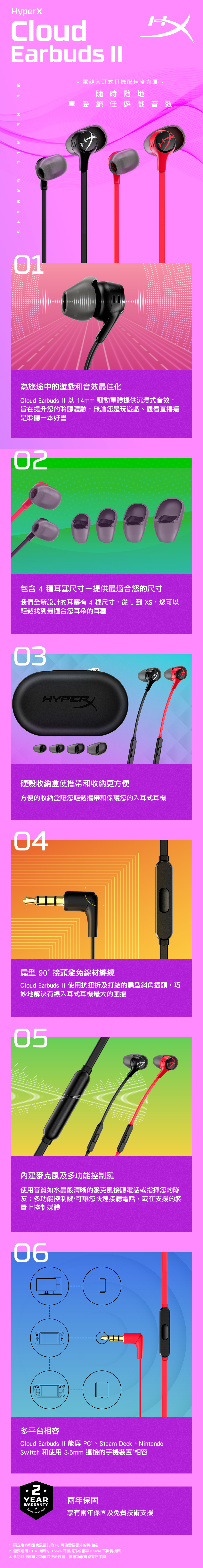 HyperXCloudEarbuds WEREALLGAMERS01電競入耳式耳機配備麥克風隨時隨地享受絕佳遊戲音效為旅途中的遊戲和音效最佳化Cloud Earbuds 以 14mm 驅動單體提供沉浸式音效,旨在提升您的聆聽體驗,無論您是玩遊戲、觀看直播還是聆聽一本好書包含4種耳塞尺寸一提供最適合您的尺寸我們全新設計的耳塞有4種尺寸,從L到XS,您可以輕鬆找到最適合您耳朵的耳塞03HYPER硬殼收納盒使攜帶和收納更方便方便的收納盒讓您輕鬆攜帶和保護您的入耳式耳機04扁型 90°接頭避免線材纏繞Cloud Earbuds II 使用抗扭折及打結的扁型斜角插頭,巧妙地解決有線入耳式耳機最大的困擾05麥克風及多功控制鍵使用音質如水晶般清晰的麥克風接聽電話或指揮您的隊友;多功能控制鍵可讓您快速接聽電話,或在支援的裝置上控制媒體06多平台相容Cloud Earbuds II 能與 、Steam Deck、NintendoSwitch 和使用 3.5mm 連接的手機裝置²相容2兩年保固YEARWARRANTY warranty享有兩年保固及免費技術支援1. 獨立喇叭和麥克風插孔的PC 可能需要額外的轉接線2. 需要適用 CTIA 接頭的 3.5mm 耳機插孔或相容 3.5mm 耳機轉接頭3. 多功能控制鍵之功能取決於裝置,實際功能可能有所不同