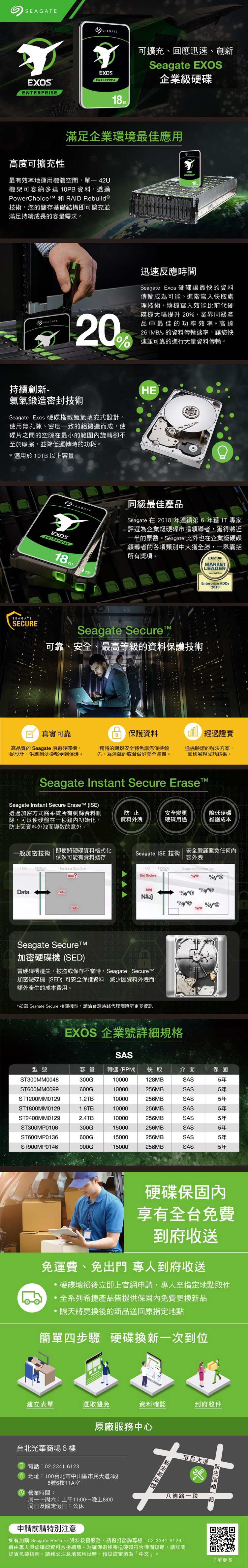 EXOSENTERPRISESEAGATE高度可擴充性最有效率地運用機體空間,單– 42U機架可容納多達 1PB 資料,透過PowrChoice  RAID RebuildⓇ技術,您儲存基礎結構即可擴充並滿足持續成長的容量需求SEAGATESECURE持續創新-氦氣鍛造密封技術SEAGATE Exos 硬碟搭載氦氣填充式設計。使用無孔隙、密度一致的鋁鍛造而成,使碟片之間的空隙在最小的範圍旋轉卻不至於摩擦,並降低運轉時的功耗。 適用於 TB 以上容量一般加密技術 真實可靠高質的 Seagate 原廠硬碟機,從設計、供應到汰換都受到保護。如有EXOSENTERPRISE申Seagate Instant Secure  ISE透過加密方式將系統所有剩餘資料刪除,可以使硬盤在一秒鐘初始化,防止因資料外洩而導致的意外。 營加滿足企業環境最佳應用業型號ST3MM0048ST600MM009ST1200MM0129ST1800MM0129ST2400MM0129ST300MP0106ST600MP0136ST900MP0146Seagate Secure加密硬碟機 (SED)建立表單DataSEAGATE20|即使將硬碟資料格式化依然可能有資料殘存  Data時間:Seagate Secure可靠、安全、最高等級的資料保護技術10100)0 Seagate Instant Secure EraseTM周一~周六:隔Data台北光華商場6樓 電話:02-2341-6123地址:100台北市8號6樓11A室上天SEAGATEEXOSENTERPRISE當硬碟機遺失、被盜或保存不當時,Seagate SecureTM加密硬碟機(SED) 可安全保護資料,減少因資料外洩而額外產生的成本費用。*如需 Seagate Secure 相關機型,請洽台灣通路代理商瞭解更多資訊將由專人與您確認資料救援將午11提貨包裝指。請務必注意容量300G600G12TB1.8TB2.4TB300G600G900G周日及國定假日:公請前請特別注意可擴充、回應迅速、創新Seagate EXOS企業級硬碟獨特的關鍵安全特色讓您保持領先,為潛藏的威脅做好萬全準備。00品 保護資料0休(HE0010迅速反應時間Seagate Exos 硬碟讓最快的資料傳輸成為可能。進階寫入快取處理技術,隨機寫入效能比前代硬碟機大幅提升 20,業界同級產品中最佳的功率效率。高達261MB/s 的資料傳輸速率,讓您快EXOS 企業號詳細規格同級最佳產品Seagate 在 2018 年連續第 6 年獲 IT 專家評選為企業級硬碟市場領導者,獲得將近一半的票數。Seagate 此外也在企業級硬碟領導者的各項類別中大獲全勝,囊括所有獎項。選取雙免中山區市民大道3段防止資料外洩010100101Seagate Rescure 資料救援服務購細節。為確保退:00~晚上8:00Seagate ISE 技術Bad Sectors N#a}TMSAS轉速 (RPM) 快取10000128MB10000256MB10000256MB10000256MB10000256MB15000256MB15000256MB15000256MB9免運費、免出門 專人到府收送硬碟壞損後立即上官網申請,專人至指定地點取件全系列希捷產品皆提供保固內免費更換新品更換後的新品送回原指定地點原廠服務中心安全變更硬碟用途簡單四步驟 硬碟換新一次到位18.資料確認填寫地址時,預設設定須為「中文」經過證實通過驗證的解決方案,真切展現成功結果。*Enterprise 2018Seagate   MARKETLEADER b  介面SASSASSASSASSASSASSASSAS,請撥打諮詢專線:02-2341-6123,換寄送硬碟符合保固規範,請詳閱安全嚴謹避免任何內容外洩 10y %y@%e硬碟保固內享有全台免費到府收送降低硬碟維護成本%y@八德路一段@市民大道保固5年5年5年5年5年5年5年5年到府收件南路一段了解更多