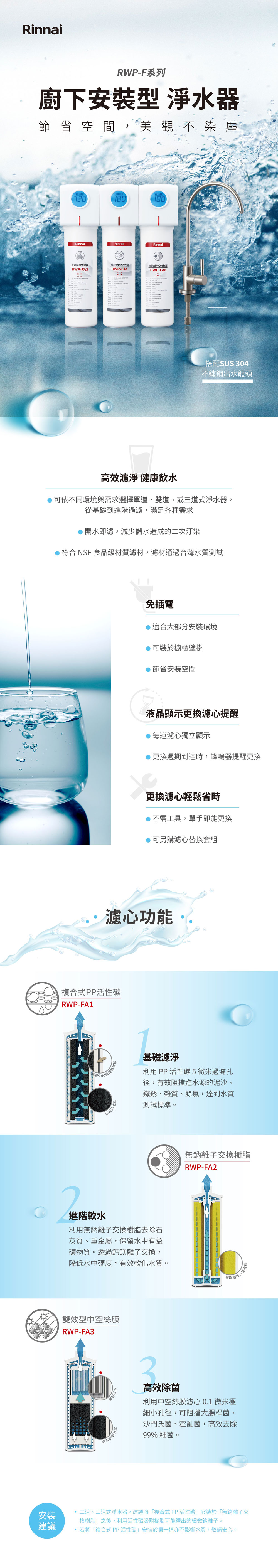 RinnaiRWP-F系列廚下安裝型 淨水器節省空間,美觀不染塵RinnaiRinnaiRinnai效型中空絲複合式PP無離子RWP-FA3RWP-FA1RWP-FA搭配SUS 304不鏽鋼水龍頭高效濾淨 健康飲水可依不同環境與需求選擇單道、雙道、或三道式淨水器,從基礎到進階過濾,滿足各種需求開水即濾,減少儲水造成的二次汙染 符合 NSF 食品級材質濾材,濾材通過台灣水質測試免插電適合大部分安裝環境可裝於櫥櫃壁掛節省安裝空間液晶顯示更換濾心提醒每道濾心獨立顯示更換週期到達時,蜂鳴器提醒更換更換濾心輕鬆省時不需工具,單手即能更換可另購濾心替換套組濾心功能複合式PP活性碳RWP-FA1活性碳基礎濾淨利用 PP活性碳5微米過濾孔徑,有效阻擋進水源的泥沙、鐵銹、雜質、餘氯,達到水質測試標準。進階軟水利用無鈉離子交換樹脂去除石灰質、重金屬,保留水中有益礦物質。透過鈣鎂離子交換,降低水中硬度,有效軟化水質。雙效型中空絲膜RWP-FA3安裝建議中空絲膜2無鈉離子交換樹脂RWP-FA2高效除菌利用中空絲膜濾心 0.1 微米極細小孔徑,可阻擋大腸桿菌、沙門氏菌、霍亂菌,高效去除99%細菌。二道、三道式淨水器,建議將「複合式PP活性碳安裝於「無鈉離子交換樹脂」之後,利用活性碳吸附可能釋出的細微鈉離子。若將「複合式 PP活性碳」安裝於第一道亦不影響水質,敬請安心。