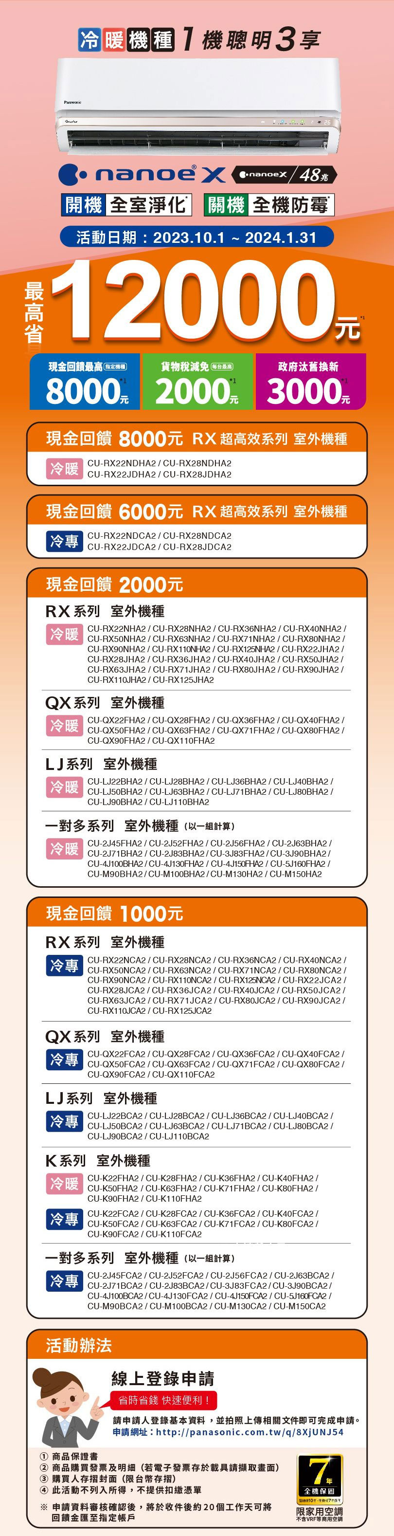 冷暖機種機聰明3享nanoex nanoex48兆開機 全室淨化  全機防霉活動日期:2023.12024.1.3112000省現金回饋最高指定機種貨物稅減免 最高政府汰舊8000 2000 3000現金回饋 8000元 RX 超高效系列 室外機種冷暖RX22NDHA2CU-RX28NDHA2CU-RX22JDHA2CU-RX28JDHA2現金回饋 6000元 RX 超高效系列 室外機種冷專CU-RX22NDCA2CU-RX28NDCA2CU-RX22JDCA2CU-RX28JDCA2現金回饋 2000元RX系列 室外機種冷暖CU-RX22NHA2/CU-RX28NHA2/CU-RX36NHA2/CU-RX40NHA2/CU-RX50NHA2/CU-RX63NHA2/CU-RX1NHA2/CU-RX80NHA2/CU-RX90NHA2/CU-RX110NHA2/CU-RX125NHA2/CU-RX22JHA2/CU-RX28JHA2/CU-RX36JHA2/CU-RX40JHA2/CU-RX50JHA2/CU-RX63JHA2/CU-RX71JHA2/CU-RX80JHA2/CU-RX90JHA2/CU-RX110JHA2/CU-RX125JHA2QX系列 室外機種CU-QX22FHA2/CU-QX28FHA2/CU-QX36FHA2/CU-QX40FHA2/冷暖 CU-QX50FHA2/CU-QX63FHA2/CU-QX71FHA2/CU-QX80FHA2/CU-QX90FHA2/CU-QX110FHA2LJ系列 室外機種冷暖CU-LJ22/CU-LJ28BHA2/CU-LJ36BHA2/CU-LJ40BHA2/CU-LJ50BHA2/CU-LJ63BHA2/CU-LJ71BHA2/CU-LJ80BHA2/CU-LJ90BHA2/CU-LJ110BHA2一對多系列 室外機種(以一組計算)CU-2J45FHA2/CU-2J52FHA2/CU-2J56FHA2/CU-2J63BHA2/冷暖 CU- BHA2/CU-2J83BHA2/CU-3J83FHA2/CU-3J90BHA2/CU-4J100BHA2/CU-4J130FHA2/CU-4J150FHA2/CU-5J160FHA2 /CU-M90BHA2/CU-M100BHA2/CU-M130HA2/CU-M150HA2現金回饋 1000元RX系列 室外機種冷專CU-RX22NCA2/CU-RX28NCA2/CU-RX36NCA2/CU-RX40NCA2/CU-RX50NCA2/CU-RX63NCA2/CU-RX71NCA2/CU-RX80NCA2/CU-RX90NCA2/CU-RX110NCA2/CU-RX125NCA2/CU-RX22JCA2/CU-RX28JCA2/CU-RX36JCA2/CU-RX40JCA2/CU-RX50JCA2/CU-RX63JCA2/CU-RX71JCA2/CU-RX80JCA2/CU-RX90JCA2/CU-RX110JCA2/CU-RX125JCA2QX系列 室外機種CU-QX22FCA2/CU-QX28FCA2/CU-QX36FCA2/CU-QX40FCA2/冷專 CU-QX50FCA2/CU-QX63FCA2/CU-QX71FCA2/CU-QX80FCA2/CU-QX90FCA2/CU-QX110FCA2LJ系列 室外機種CU-LJ22BCA2/CU-LJ28BCA2/CU-LJ36BCA2/CU-LJ40BCA2/CU-LJ50BCA2/CU-LJ63BCA2/CU-LJ71BCA2/CU-LJ80BCA2/CU-LJ90BCA2/CU-LJ110BCA2K系列 室外機種CU-K22FHA2/CU-K28FHA2/CU-K36FHA2/CU-K40FHA2/冷暖CU-K50FHA2/CU-K63FHA2/CU-K71FHA2/CU-K80FHA2 /CU-K90FHA2/CU-K110FHA2CU-K22FCA2/CU-K28FCA2/CU-K36FCA2/CU-K40FCA2/冷專CU-K50FCA2/CU-K63FCA2/CU-K71FCA2/CU-K80FCA2/CU-K90FCA2/CU-K110FCA2一對多系列 室外機種(以一組計算)CU-2J45FCA2/CU-2J52FCA2/CU-2J56FCA2/CU-2J63BCA2/|冷專  CU-/CU-/CU-/CU-4J100BCA2/CU-4J130FCA2/CU-4J150FCA2/CU-5J160FCA2/CU-M90BCA2/CU-M100BCA2/CU-M130CA2/CU-M150CA2活動辦法① 商品保證書線上登錄申請省時省錢 快速便利!請申請人登錄基本資料,並拍照上傳相關文件完成申請。申請網址:http://panasonic.com.tw/q/8XjUN J5 4② 商品購買發票及明細(若電子發票存於載具請擷取畫面)③ 購買人存摺封面(限台幣存摺)④ 此活動不列入所得,不提供扣繳憑單 申請資料審核確認後,將於收件後約20個工作可將回饋金匯至指定帳戶7.全機保固新10換天即可限家用空調不含VRF等商用空調