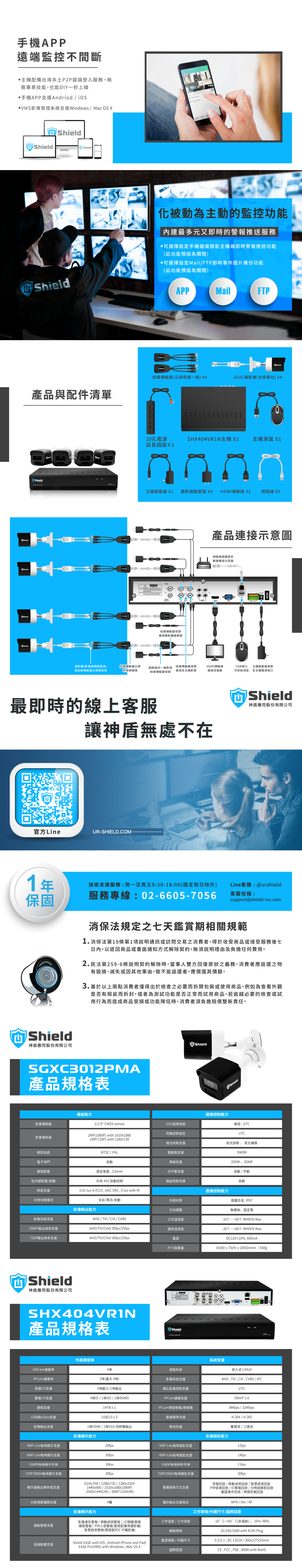 手機APP遠端監控不間斷主機配備台灣本土P2P遠端登入服務,無需專業技能,也能DIY一秒上線手機APP支援Andriod  VMS影像管理系統支援Windows  Mac OS ShieldShieldShieldShield被動為主動的監控功能內建最多元又即時的警報推送服務•可選擇設定手機端或主機端即時警報推送功能(此功能預設為關閉)•可選擇設定MailFTP即時事件圖片備份功能(此功能預設為關閉)APPMailFTP傳輸(公母一組)X4SGX攝影機(含包) X4產品與配件清單Shield1孔電源SHX404VR1N主機 X1 主機滑鼠 X1延長插座X1主機變壓器 X1 攝影機變壓器 X4HDMI傳輸線 X1網路線 X5絞線傳輸器母頭連接攝影機變壓器產品連接示意圖網路線請連接至數據機或分享器攝影機(影像接頭跟電源)與絞線傳輸器公頭做對接絞線傳輸器公頭「對接網路線網路線另一端對接絞線傳輸器母頭連接至主機影像絞線傳輸器母頭HDMI傳輸線連接至螢幕USB接口 主機變壓器安裝可安装滑鼠至主機電源接口最即時的線上客服讓神盾無處不在官方LineURSHIELD.OMShield神盾應用股份有限公司1年技術支援服務:周一至周五9:30-18:00(國定假日除外)Line客服:@urshield保固服務專線:02-6605-7056客服信箱:support@shield-inc.comShield神盾應用股份有限公司消保法規定之七天鑑賞期相關規範1.消保法第19條第1項說明通訊或訪問交易之消費者,得於收受商品或接受服務後七日內,以退回商品或書面通知方式解除契約,無須說明理由及負擔任何費用。2.民法第259-6條說明契約解除時,當事人雙方回復原狀之義務。消費者應返還之物有毀損、滅失或因其他事由,致不能返還者,應償還其價額。3.基於以上兩點消費者僅得出於檢查之必要而拆開包裝或使用商品,例如為查看外觀是否有瑕疵而拆封,或者為測試功能是否正常而試用商品。若逾越必要的檢查或試用行為而造成商品受損或功能降低時,消費者須負擔賠償整新責任。SGX3012PMA產品規格表ShieldShield模組能力影像傳感器12.9