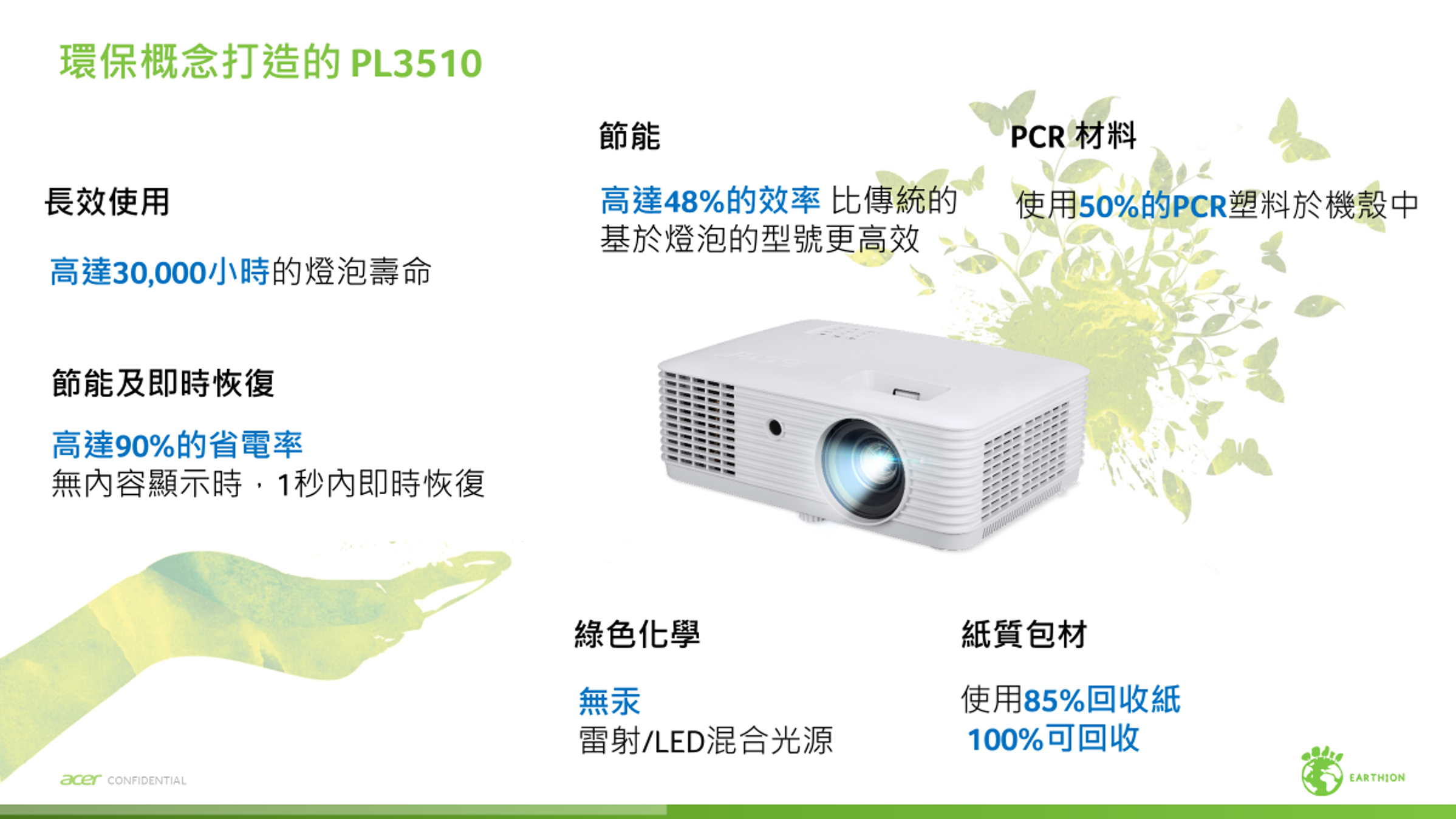 環保概念打造的 PL3510節能PCR 材料長效使用高達48%的效率 比傳統的基於燈泡的型號更高效使用50%的PCR塑料於機殼中高達30,000小時的燈泡壽命節能及即時恢復高達90%的省電率無內容顯示時,1秒內即時恢復綠色化學無汞雷射LED混合光源acer CONFIDENTIAL紙質包材使用85%回收紙100%可回收EARTHION