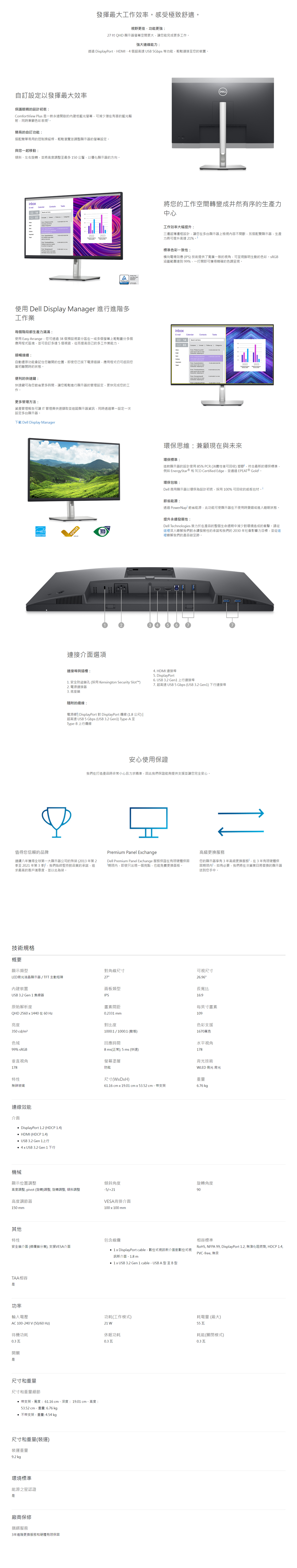 發揮最大工作效率感受極致舒適視野更佳功能更強27 吋 QHD 顯示器螢幕空間更大讓您能完成更多工作強大連線能力透過 DisplayPortHDMI、4個超高速 USB 5Gbps 等功能輕鬆連接至您的裝置訂設定以發揮最大效率保護眼睛的設計初衷ComfortView Plus 一款永遠開啟的內建低藍光螢幕可減少潛在有害的藍光輻射同時兼顧色彩表現。簡易的自訂功能:搭配簡單易用的控制操縱桿輕鬆瀏覽並調整顯示器的螢幕設定。與您一起移動:傾斜、左右旋轉,並將高度調整至最多150公釐,以優化顯示器的方向。inbo20222023A使用 Dell Display Manager 進行進階多工作業將您的工作空間轉變成井然有序的生產力中心工作效率大幅提升:三邊超薄邊框設計,讓您在多台顯示器上檢視內容不間斷,另搭配雙顯示器,生產力將可提升高達21%。標準色彩一致性:橫向電場效應 (IPS)技術提供了寬廣一致的視角,可呈現鮮明生動的色彩。 sRGB涵蓋範圍達到 99%,一打開即可獲得精確的色調呈現。每個階段都生產力滿滿:inboE-:使用 Easy Arrange,您可透過38個預設分區在一或多個螢幕上輕鬆劃分多個應用程式區塊,並可自訂多達5個視窗,從而提高自己的多工作業能力。順暢接續:自動還原功能會記住您離開的位置,即使您已拔下電源插頭,應用程式仍可返回您當初離開時的狀態。便利的快速鍵:快速鍵可為您節省更多時間,讓您輕鬆進行顯示器的管理設定,更快完成您的工作。更多管理方法:資產管理報告可讓IT管理員快速擷取並追蹤顯示器資訊,同時透過單一設定一次設定多台顯示器。下載 Dell Display Manager值得您信賴的品牌03  2022epeat環保思維:兼顧現在與未來環保標準:這款顯示器的設計使用85% PCR(消費性後可回收塑膠,符合最新的環保標準,例如 EnergyStar® 和 TCO Certified Edge,並通過EPEAT® Goldi環保包裝:Dell 商用顯示器以環保為設計初衷,採用100%可回收的紙板包材。節省能源:透過 PowerNap節省能源,此功能可使顯示器在不使用時變暗或進入睡眠狀態。提升永續發展性:Dell Technologies 致力於在產品的整個生命週期中減少對環境造成的衝擊,請從這裡深入瞭解我們對永續發展性的承諾和我們的2030年社會影響力目標,並從這裡瞭解我們的產品碳。連接介面選項連接埠與插槽:1. 安全防盜鎖孔 (採用 Kensington Security Slot™)2. 電源連接器3. 底座鎖隨附的線:電源線 DisplayPort 對 DisplayPort 纜線 (1.8 公尺) 超高速 USB 5 Gbps (USB 3.2 Gen1) Type-A至Type-B 上行線4. HDMI 連接埠5. DisplayPort6. USB 3.2 Gen1 上行連接埠7. 超高速 USB 5 Gbps (USB 3.2 Gen1) 下行連接埠安心使用保證我們在打造產品時非常小心且力求精準,因此我們保證能夠提供支援並讓您完全安心,連續八年獲得全球第一大顯示器公司的殊榮(2013年第2季至 2021 年第3 季),我們始終堅持對品質的承諾,追求最高的客戶滿意度,並以此為榮。技術規格概要Premium Panel ExchangeDell Premium Panel Exchange 服務保證在有限硬體保固「期限內,即使只出現一個亮點,也能免費更換面板。高級更換服務您的顯示器享有3年高級更換服務,在3年有限硬體保固期限內,如有必要,我們將在次營業日將替換的顯示器送到您手中。顯示類型對角線尺寸可視尺寸2726.96LED液晶顯示器/TFT 主動矩陣內建裝置USB 3.2 Gen 1 集線器原始解析度QHD 2560 x 1440在60 Hz亮度350 cd/m2色域99% sRGB面板類型IPS間距0.2331 mm對比度垂直視角1781000:1/1000:1(動態)回應時間8 ms(正常); 5ms (快速)螢幕塗層防眩長寬比16:9每英寸畫素109色彩支援1670萬色水平視角178背光技術WLED 側光 背光特性無玻璃連線效能介面 DisplayPort 1.2 (HDCP 1.4) HDMI (HDCP 1.4) USB3.2 Gen 1上行 Gen 1 下行機械顯示位置調整高度調整, pivot (旋轉)調整, 旋轉調整, 傾斜調整高度調節器150 mm尺寸(WxDxH)重量61.16 cm x 19.01 cmx53.52cm- 支架6.76 kg傾斜角度/21VESA背掛介面100x100mm其他特性包含安全鎖介面 (線纜鎖分售),支援VESA介面TAA相容功率旋轉角度90相容標準  DisplayPort cable - 數位式視訊新介面對數位式視訊新介面 - 1.8 m  USB 3.2 Gen 1 cable - USB A型至B型RoHS, NFPA 99, DisplayPort 1.2, 無溴化阻燃劑, HDCP 1.4,PVC-free, 無汞輸入電壓功耗(工作模式)耗電量(最大)AC 100-240V (50/60Hz)21W55待機功耗休眠功耗耗能(關閉模式)0.3瓦0.3 瓦0.3瓦開關尺寸和重量尺寸和重量細節 带支架-寬度:61.16 cm - 深度:19.01cm-高度:53.52 cm - 重量: 6.76 kg 不带支架 - 重量: 4.54 kg尺寸和重量()裝運重量9.2kg環境標準能源之星認證是廠商保修捆綁服務3年進階更換服務和硬體有限保固