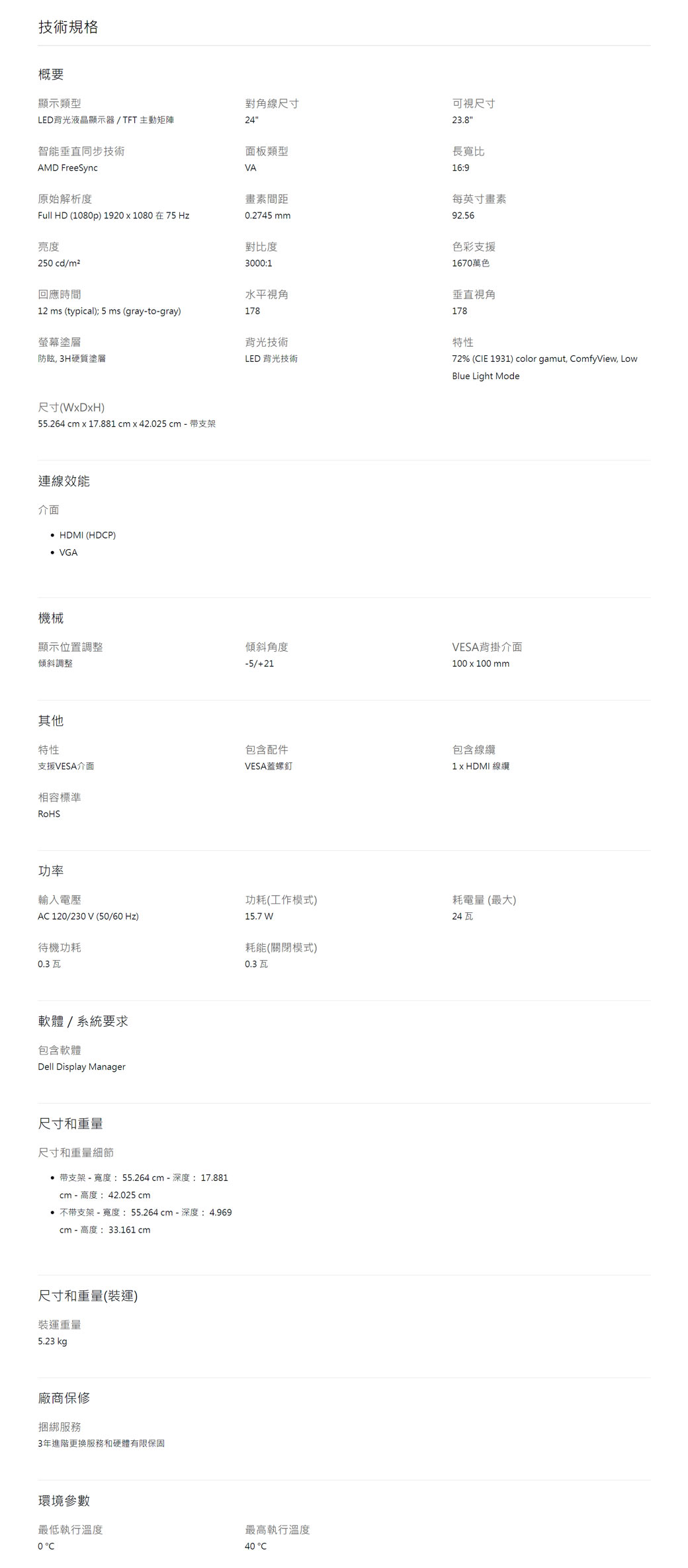 技術規格概要對角線尺寸可視尺寸23.8顯示類型LED背光液晶顯示器TFT主動矩陣24智能垂直同步技術面板類型AMD FreeSync原始解析度VA畫素間距Full HD (1080p) 1920108075 Hz亮度250 cd/m2對比度長寬比169每英寸畫素92.560.2745 mm3000:1色彩支援1670萬色垂直視角178回應時間水平視角12 ms (typical): 5 ms (gray-to-gray)178螢幕塗層背光技術防眩3H硬質塗層LED 背光技術尺寸(WxDxH)55.264 cm x 17.881 cm x 42.025 cm - 带支架連線效能介面 HDMI (HDP) VGA機械顯示位置調整傾斜角度傾斜調整/21其他特性包含配件支援VESA介面VESA蓋螺釘相容標準特性72% (CIE 1931) color gamut, ComfyView, LowBlue Light ModeVESA背掛介面100x100mm包含線纜1 x HDMI 線纜功率輸入電壓功耗(工作模式)耗電量(最大)AC 120/230V (50/60Hz)15.7 W24瓦待機功耗耗能(關閉模式)0.3瓦0.3瓦軟體/系統要求包含軟體Dell Display Manager尺寸和重量尺寸和重量細節 带支架 - 寬度:55.264cm-深度:17.881cm - 高度:42.025 cm 不带支架 - 寬度:55.264cm - 深度:4.969cm - 高度:33.161 cm尺寸和重量(裝運)裝運重量5.23 kg廠商保修捆綁服務3年進階更換服務和硬體有限保固環境參數最低執行溫度0C最高執行溫度40 C