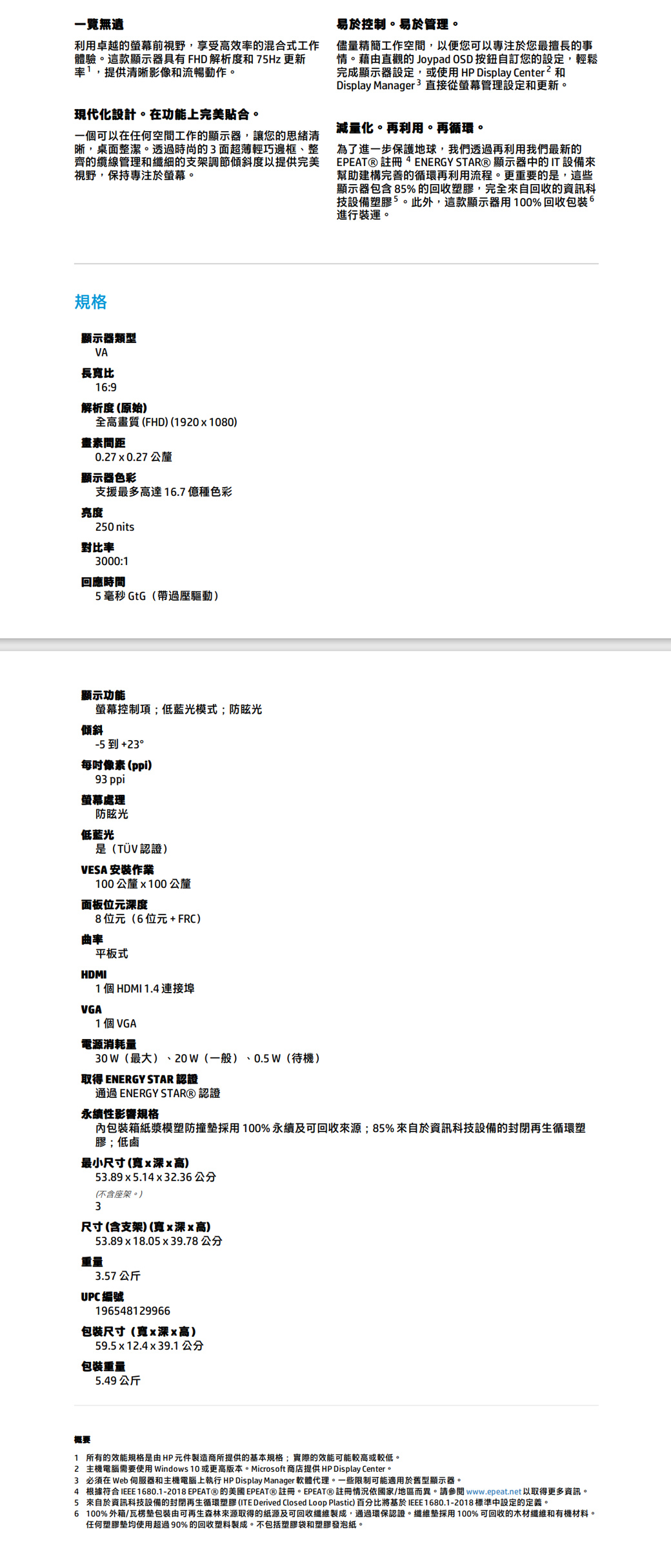 一覽無遺利用卓越螢幕前視野享受高效率的混合式工作體驗。這款顯示器具有 FHD 解析度和 7Hz 更新率,提供清晰影像和流暢動作。現代化設計。在功能上完美貼合。一個可以在任何空間工作的顯示器,讓您的思緒清晰,桌面整潔。透過時尚的面超薄輕巧邊框、整齊的纜線管理和纖細的支架調節傾斜度以提供完美視野,保持專注於螢幕。規格顯示器類型VA長比:9解析度 (原始)全高畫質 (FHD) (190  1080)畫素間距0.27  0.27 公釐顯示器色彩支援最多高達16.7 億種色彩亮度250 nits對比率000:1回應時間5 毫秒 GtG(帶過壓驅動)顯示功能螢幕控制項;低藍光模式;防眩光傾斜  +23°每像素(ppi)93 ppi螢幕處理防眩光低藍光是(TÜV 認證)VESA 安裝作業100公釐100公釐面板位元深度8位元(6位元 + FRC)曲率平板式HDMI1 個 HDMI 1.4 連接埠VGA1 個VGA電源消耗量30 (最大)、20 W(一般)、0.5 W(待機)取得 ENERGY STAR 認證通過 ENERGY  認證最小尺寸(深高)53.89  5.14 x 32.36永續性影響規格內包裝箱紙漿模塑防撞採用 100% 永續及可回收來源;85%來自於資訊科技設備的封閉再生循環塑膠; 低鹵(不含座架。)3尺寸(含支架) (寬x深x高)53.89 x 18.05 x 39.783.57 公斤UPC編號196548129966包裝尺寸(寬x深x高)59.5 x 12.4 x 39.1公分包裝重量易於控制。易於管理。儘量精簡工作空間,以便您可以專注於您最擅長的事情。藉由直觀的 Joypad  按鈕自訂您的設定,輕鬆完成顯示器設定,或使用 HP Display 和Display Manager直接從螢幕管理設定和更新。5.49 公斤減量化。再利用。再循環。為了進一步保護地球,我們透過再利用我們最新的EPEAT 註冊  ENERGY  顯示器的 IT 設備來幫助建構完善的循環再利用流程。更重要的是,這些顯示器包含 85% 的回收塑膠,完全來自回收的資訊科技設備塑膠。此外,這款顯示器用 100% 回收包裝進行裝運。1 所有的效能規格是由HP 元件製造商所提供的基本規格;實際的效能可能較高或較低。2 主機電腦需要使用 Windows 10 或更高版本。Microsoft商店提供 HP Display Center。3 必須在 Web 伺服器和主機電腦上執行 HP Display Manager 軟體代理。一些限制可能適用於舊型顯示器。4 根據符合IEEE1680.1-2018 EPEAT Ⓡ 美國 EPEATⓇ註冊。EPEATⓇ 註冊情況依國家/地區而異。請參閱www.epeat.net 以取得更多資訊。5 來自於資訊科技設備的封閉再生循環塑膠 (ITE Derived Closed Loop Plastic) 百分比將基於IEEE1680.1-2018 標準中設定的定義。6 100% 外箱/瓦楞墊包裝由可再生森林來源取得的紙源及可回收纖維製成,通過環保認證。纖維墊採用 100% 可回收的木材纖維和有機材料。任何塑膠墊均使用超過90% 的回收塑料製成。不包括塑膠袋和塑膠發泡紙。