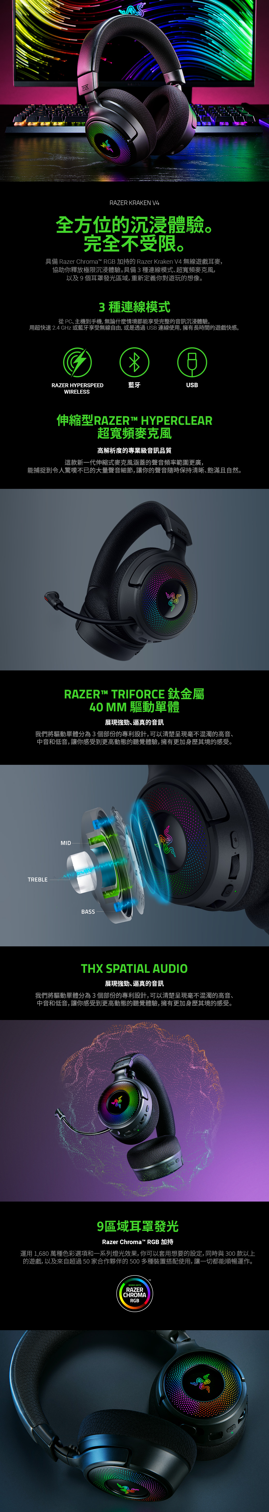 THXRAZER KRAKEN V4全方位的沉浸體驗完全不受限。具備 Razer Chroma™ RGB 加的 Razer Kraken V4 無線遊戲耳麥,協助你釋放極限沉浸體驗。具備3種連線模式、超寬頻麥克風,以及9個耳罩發光區域,重新定義你對遊玩的想像。3 種連線模式從PC、主機到手機,無論什麼情境都能享受完整的音訊沉浸體驗。用超快速 2.4 GHz 或藍牙享受無線自由,或是透過USB連線使用,擁有長時間的遊戲快感。RAZER HYPERSPEED藍牙USBWIRELESS伸縮型RAZER™ HYPERCLEAR超寬頻麥克風高解析度的專業級音訊品質這款新一代伸縮式麥克風涵蓋的聲音頻率範圍更廣,能捕捉到令人驚嘆不已的大量聲音細節,讓你的聲音隨時保清晰、飽滿且自然。RAZER™ TRIFORCE 金屬40 MM 驅動單體、逼真的音訊我們將驅動單體分為3個部份的專利設計,可以清楚呈現毫不混濁的高音、中音和低音,讓你感受到更高動態的聽覺體驗,擁有更加身歷其境的感受。TREBLEMIDBASSTHX SPATIAL AUDIO展現、逼真的音訊我們將驅動單體分為3個部份的專利設計,可以清楚呈現毫不混濁的高音、中音和低音,讓你感受到更高動態的聽覺體驗,擁有更加身歷其境的感受。9區域耳罩發光Razer Chroma™ RGB 加持運用 1,680 萬種色彩選項和一系列燈光效果,你可以套用想要的設定,同時與300 款以上的遊戲,以及來自超過50家合作夥伴的500多種裝置搭配使用,讓一切都能順暢運作。WORKS WITHRAZERCHROMARGB