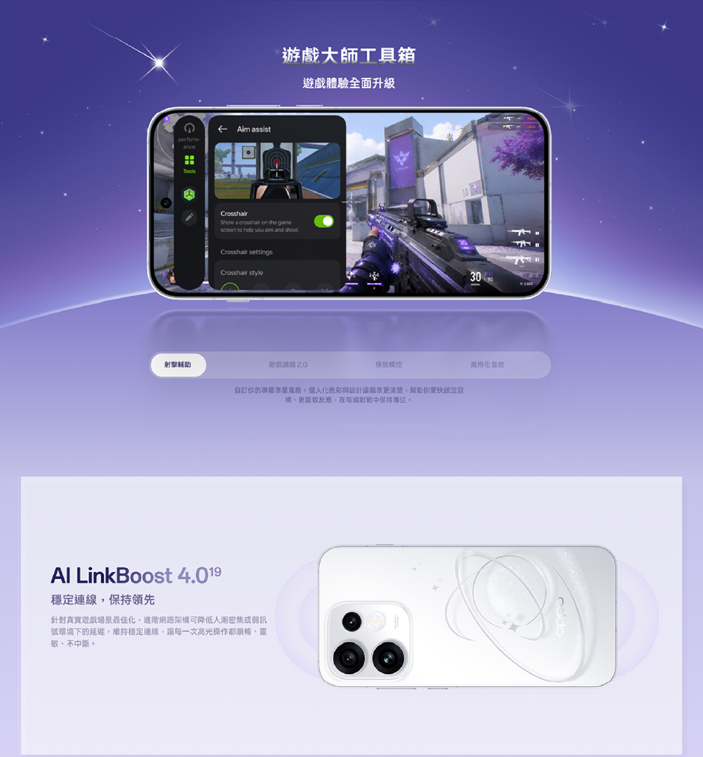 perform-anceAim assist大師遊戲體驗全面升級CrosshairShow a crosshair on the gamescreen to help you  and Crosshair settingsCrosshair style射擊輔助遊戲2.0極致觸控自訂你的專屬準星風格。個人化色彩與設計讓瞄準更清楚幫助你更快鎖定目標、更靈敏反應,在每場對戰中保持。Al LinkBoost 4.019連線,保持領先針對真實遊戲場景最佳化,進階網路架構可降低人潮密集或弱訊號環境下的延遲,維持穩定連線,讓每一次高光操作都順暢、靈敏、不中斷。30風格化音效