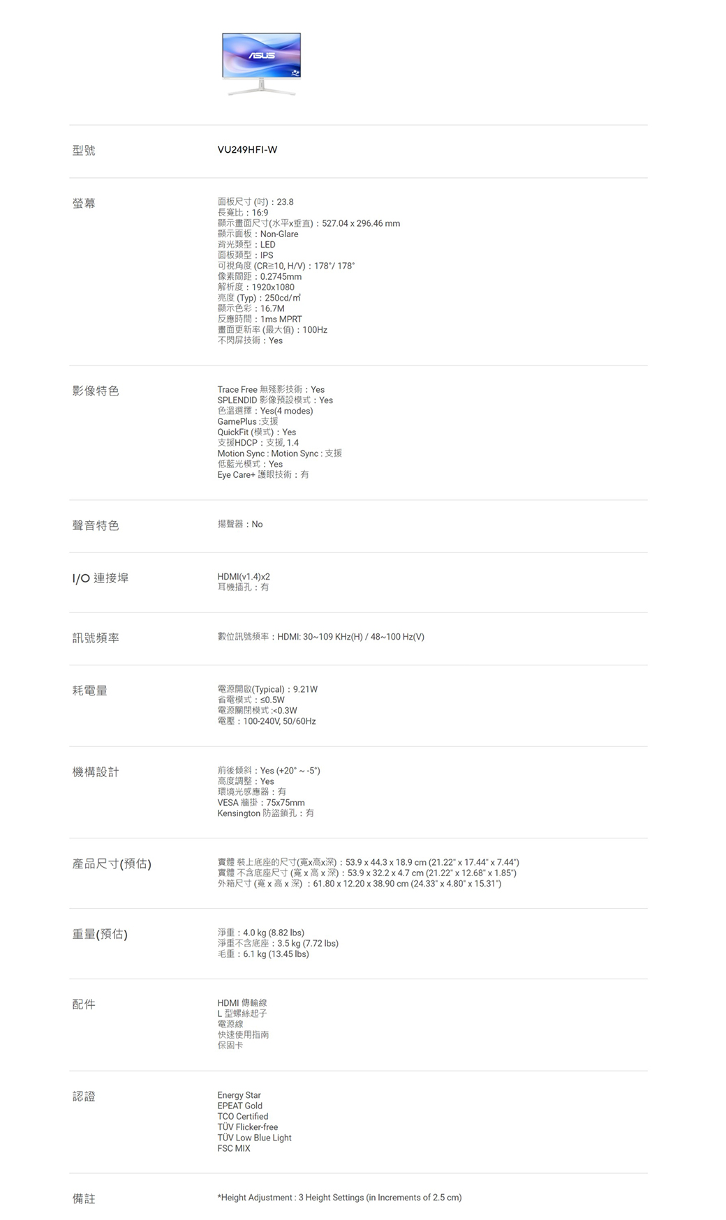 型號螢幕VU249HF-面板尺寸(23.8長比:16:9顯示畫面尺寸(水平垂直):527.04296.46 mm顯示面板:n-Glare背光類型:LED面板類型:IPS可視角度(CR10HV):178/178°像素間距:0.2745mm解析度:1920x1080亮度(Typ):250cd/顯示色彩 16.7M反應時間:1ms MPRT畫面更新率(最大值):100Hz不閃屏技術:Yes影像特色Trace Free 無殘影技術:YesSPLENDID 影像預設模式:Yes色溫選擇:Yes(4 modes)GamePlus:支援QuickFit (模式): Yes支援HDCP:支援, 1.4Motion Sync : Motion Sync:支援低藍光模式:YesEye Care+ 護眼技術:有聲音特色I/O 連接埠揚聲器:NoHDMI(v1.4)x2耳機插孔:有訊號頻率數位訊號頻率:HDMI:30~109 KHz(H)/48~100 Hz(V)耗電量電源開啟(Typical):9.21W省電模式:≤0.5W電源關閉模式:電壓:100-240V,50/60Hz機構設計前後傾斜:Yes (+20°~-5°)高度調整: Yes產品尺寸(預估)環境光感應器:有VESA 牆掛:75x75mmKensington 防盜鎖孔:有實體 裝上底座的尺寸(x高x深):53.9 x 44.3 x 18.9 cm (21.22 x 17.44 )實體 不含底座尺寸(x高x深):53.9 x 32.2x4.7 cm (21.22 x 12.68 x 1.85)外箱尺寸(寬x高x深):61.80x12.20 x 38.90 cm (24.33 x 4.80 x 15.31)重量(預估)淨重:4.0 kg (8.82 )淨重不含底座:3.5 kg (7.72 lbs)配件毛重:6.1 kg (13.45 lbs)HDMI 傳輸線L型螺絲起子電源線快速使用指南保固卡認證Energy StarEPEAT GoldTCO Certified Flicker-freeTÜV Low Blue LightFSC MIX備註*Height Adjustment: 3 Height Settings (in Increments of 2.5 cm)
