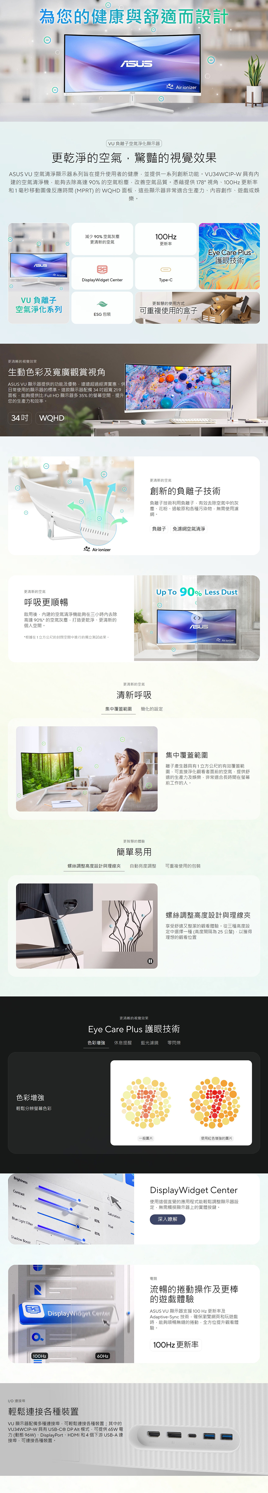 為您的健康與舒適而設計① Air ionizerVU負離子空氣淨化顯示器更乾淨的空氣驚豔的視覺效果 VU 空氣清淨顯示器系列旨在使用者的健康並提供一系列創新功能。VU34WCP-W 具有建的空氣清淨機能夠去除高達90%的空氣粉塵改善空氣品質。憑藉提供178°視角、 更新率和1毫秒移動圖像反應時間(MPRT) 的WQH 面板這些顯示器非常適合生產力、容創作、遊戲或娛樂。VU 負離子減少90%空氣灰塵更清新的空氣更新率Eye Care PlusAirionizerDisplayWidget CenterType-C更智慧的使用方式空氣淨化系列ESG 包裝可重複使用的盒子更清晰的視覺效果生動色彩及寬廣觀賞視角ASUS VU 顯示器提供的功能及優勢遠遠超過經濟實惠、供日常使用的顯示器的標準。這款顯示器配備34超寬 21:9面板能夠提供比 Full HD 顯示器多35% 的螢幕空間提升您的生產力和效率。34WQHD① Air ionizer更清新的空氣呼吸更順暢啟用後內建的空氣清淨機能夠在三小時內去除高達90%*的空氣灰塵打造更乾淨、更清新的個人空間。*根據在1立方公尺的封閉空間中進行的獨立測試結果。色彩增強輕鬆分辨螢幕色彩BrightnessContrastTrace FreeBlue Light FilterShadow Boost護眼技術更清新的空氣創新的負離子技術負離子技術利用負離子有效去除空氣中的灰塵、花粉、過敏原和各種污染物無需使用濾網。負離子免濾網空氣清淨Up 90% Less Dust更清新的空氣清新呼吸集中覆蓋範圍 簡化的設定更智慧的體驗簡單易用 ASUSAir ionizer集中覆蓋範圍離子產生器具有1立方公尺的有效覆蓋範圍,可直接淨化觀看者面前的空氣,提供舒適的生產力及娛樂,非常適合長時間在螢幕前工作的人。螺絲調整高度設計與理線夾 自動亮度調整可重複使用的包裝螺絲調整高度設計與理線夾享受舒適又整潔的觀看體驗。從三種高度設定中選擇一種(高度間隔為25公釐),以獲得理想的觀看位置更清晰的視覺效果Eye Care Plus 護眼技術色彩增強 休息提醒 藍光濾鏡 零閃爍85%Saturation85%Hue85%一般圖片使用紅色增強的圖片DisplayWidget Center使用這個直覺的應用程式能輕鬆調整顯示器設定,無需觸摸顯示器上的實體按鍵。深入瞭解DisplayWidget Center電競流暢的捲動操作及更棒的遊戲體驗ASUS VU 顯示器支援 更新率及Adaptive-Sync技術,確保瀏覽網頁和玩遊戲時驗。,能夠順暢無縫的捲動,全方位提升觀看體100Hz60HzIO 連接埠輕鬆連接各種裝置VU顯示器配備多種連接埠,可輕鬆連接各種裝置;其中的VU34WCIP-W 具有 USB- DPAlt模式,可提供65W 電力(動態96W)、DisplayPort、HDMI和4個下游USB-A連接埠,可連接各種裝置。100Hz 更新率D