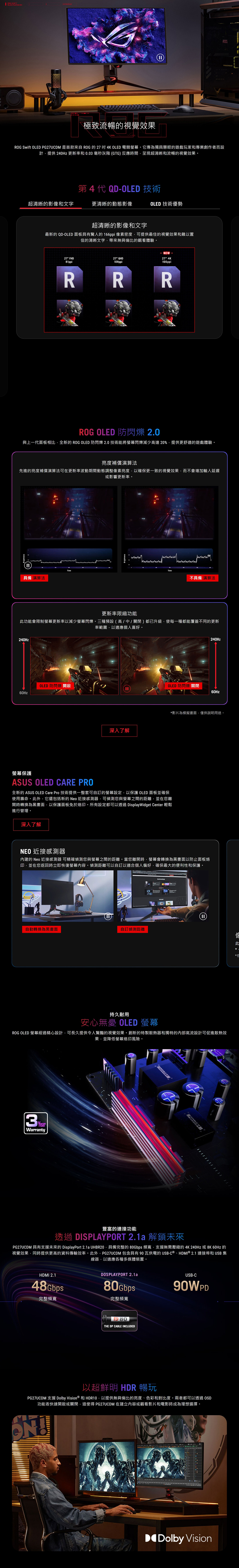 SIFT 極致流暢的視覺效果ROGROG Swift OLED PG27UCDM 是首款來ROG的27 4K OLED 電競。它專為獨具慧眼的遊戲玩家和專業創作者而設計提供 240Hz 更新率和00 毫秒灰階(GTG)反應時間呈現超清晰和流暢的視覺效果。第4代QD-OLED 技術超清晰的影像和文字更清晰的動態影像OLED 技術優勢超清晰的影像和文字最新的 QD-OLED 面板具有驚人的166ppi 像素密度可提供最佳的視覺效果和難以置信的清晰文字帶來無與倫比的觀看體驗。27 FHD81ppiR27 QHD109ppiNE-274K166ppiRRROG OLED 防閃爍 2.0與上一代面板相比全新的 ROG OLED 防閃爍 2.0 技術能將螢幕閃爍減少高達20%提供更舒適的遊戲體驗。亮度補償先進的亮度補償演算法可更新率波動期間動態調整像素亮度,以確保更一致的視覺效果,而不會增加輸入延遲或影響更新率。H具備 演算法Time不具備 演算法更新率限縮功能功能會限制螢幕更新率以減少螢幕閃爍。三種預設(高/中/關閉)都已升級,使每一種都能覆蓋不同的更新率範圍,以適應個人喜好。240HzOLED 防閃爍 開啟深入了解240HzOLED 防閃爍 關閉60Hz影片為模擬畫面,僅供說明用途。螢幕保護ASUS OLED CARE PRO全新的 ASUS OLED Care Pro 技術提供一整套可自的螢幕設定,以保護 OLED面板並確保使用壽命。此外,它還包括新的Neo 近接感測器,可偵測您與螢幕之間的距離,並在您離開時轉換為黑畫面,以保護面板免於烙印。所有設定都可以透過 DisplayWidget Center 輕鬆進行管理。深入了解NEO 近接感測器內建的 Neo 近接感測器 可精確偵測您與螢幕之間的距離。當您離開時,螢幕會轉換為黑畫面以防止面板烙印,並在您返回時立即恢復螢幕內容。偵測距離可以自訂以適合個人偏好,確保最大的便利性和保護。 自動轉換為黑畫面自訂偵測距離此.持久耐用安心無憂 OLED 螢幕ROG OLED 螢幕經過精心設計,可長久提供令人驚豔的視覺效果。創新的特製散熱器和獨特的內部氣流設計可促進散熱效果,並降低螢幕烙印風險。W3 YearWarranty *在豐富的連接功能透過 DISPLAYPORT 2.1a 解鎖未來PG27UCDM 具有支援未來的 DisplayPort 2.1a UHBR20,具備完整的80Gbps 頻寬,支援無需壓縮的4K240Hz或8K60Hz的視覺效果,同時提供更高的資料傳輸效率。此外,PG27UCDM 包含具有 90 瓦供電的USB-C HDMI ® 2.1 連接埠和USB 集線器,以適應各種多媒體裝置。HDMI 2.148Gbps完整頻寬DOSPLAYPORT 2.1a80Gbps完整頻寬THE DP CABLE INCLUDEDUSB-C90WPD以超鮮明 HDR 暢玩PG27UCDM 支援 Dolby Vision ® 和HDR10,以提供無與倫比的亮度、色彩和對比度。兩者都可以透過OSD功能表快速開啟或關閉,這使得 PG27UCDM 在建立內容或觀看影片和電影時成為理想選擇。Dolby Vision
