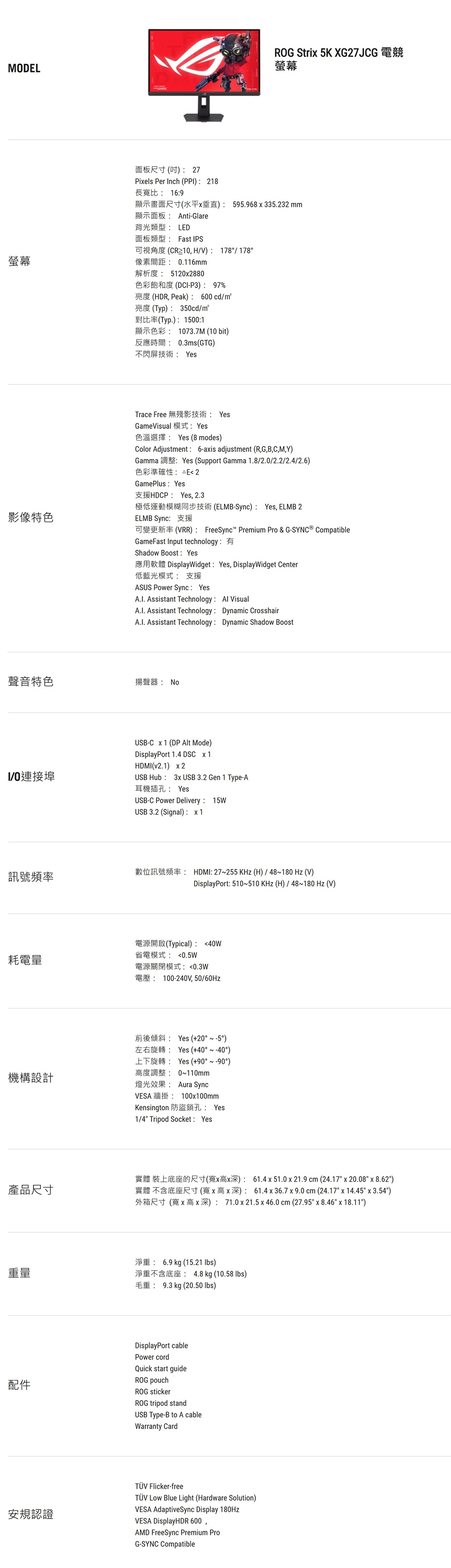MODELROG Stri 5K XG27JCG螢幕螢幕面板尺寸  27Piels Per Inch PPI 218169 595.968  335.232 mmnti-Glare背光類型 LED面板類型 Fast IPS HV 17817810.116mm解析度 51202880色彩飽和度DCI-P3 97%(HDR Peak 600 cd/(Typ) 350cd/(Typ.) 15001 1073.7M (10 )0.3ms(GTG)不閃屏技術 YesTrace Free 無殘影技術 YesGameVisual YesYes (8 modes)Color Adjustment 6-ais adjustment (RG,B,C,M,Y)Gamma Yes (Support Gamma 1.8/2.0/2.2/2.4/2.6)色彩準確性 E 2GamePlusYesHDCP Yes, 2.3(ELMB-Sync) Yes, ELMB 2影像特色ELMB Sync 支援(VRR) FreeSync Premium  & G- CompatibleGameFast Input technologyShadow Boost YesDisplayWidget Yes, DisplayWidget Center低藍光模式: 支援ASUS Power Sync: Yes Assistant Technology:  Visual Assistant Technology: Dynamic CrosshairA.I. Assistant Technology: Dynamic Shadow Boost聲音特色揚聲器: 埠訊號頻率USB-C  1 (DP Alt Mode)DisplayPort 1.4 DSC x 1HDMI (v2.1) x 2USB Hub 3x USB 3.2 Gen 1 Type-A耳機插孔: YesUSB-C Power Delivery: 15WUSB 3.2 (Signal) : HDMI: 27255  (H) / 48180  (V)DisplayPort: 510510  (H) / 48180  (V)(Typical): W耗電量省電模式: 0.5W電源關閉模式:0.3W100-240V, 50/60HzA Yes (20  )Yes (+40  )Yes (+90 ~)高度調整: 0~110mm機構設計燈光效果: Aura SyncVESA100x100mm產品尺寸重量214Kensington 防盜鎖孔: Yes1/4 Tripod Socket: Yes(): 61.4 x 51.0 x 21.9 cm (24.17 x 20.08 x 8.62)(): 61.4 x 36.7 x 9.0 cm (24.17 x 14.45 x 3.54)() 71.0 x 21.5 x 46.0 cm (27.95 x  x 18.11)6.9 kg (15.21 lbs): 4.8 kg (10.58 lbs)9.3 kg (20.50 lbs)DisplayPort cablePower cordQuick start guideROG pouchROG stickerROG tripod standUSB Type-B to A cableWarranty Card安規認證 Flicker-freeTÜV Low Blue Light (Hardware Solution)VESA AdaptiveSync Display 180HzVESA DisplayHDR 600,AMD FreeSync Premium ProG-SYNC Compatible
