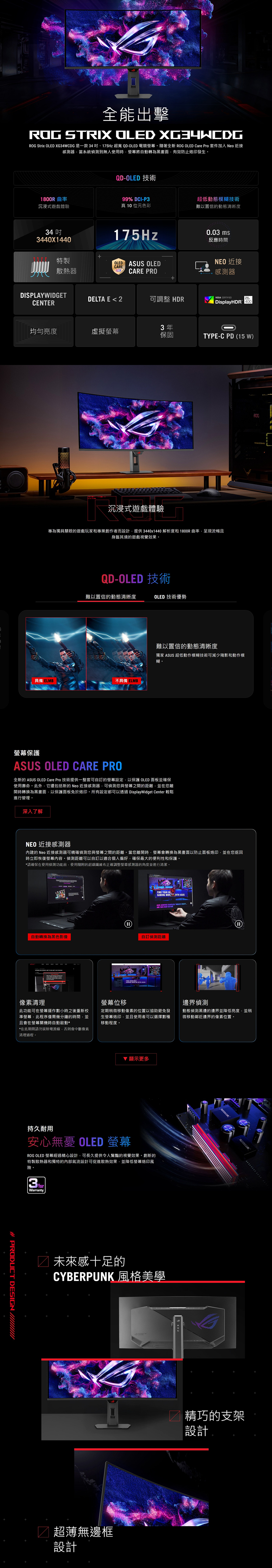 全能出擊 STRIX OLED XG4WCDGROG Strix OLED XG34WCDG 是一款34、175Hz  QD-OLED 電競隨著全新 ROG OLED Care Pro 套件加入 Neo 近接感測器當系統偵測到無人使用時螢幕將動轉為黑畫面有效防止烙印發生。QD-OLED 技術1800R曲率99% DCI-P3超低動態模糊技術沉浸式遊戲體驗真10位元色彩難以置信的動態清晰度343440X1440175Hz特製OLEDASUS OLEDCARE散熱器PROCARE PRO0.03ms反應時間NEO 近接感測器DELTA E 2CENTER可調整 HDRVESA CERTIFIEDDisplayHDR 400DISPLAYWIDGET3年均勻亮度虛擬螢幕保固TYPE-C PD (15W)沉浸式遊戲體驗專為獨具慧眼的遊戲玩家和專業創作者而設計提供3440x1440 解析度和1800R曲率呈現流暢且身臨其境的遊戲視覺效果。QD-OLED 技術難以置信的動態清晰度OLED 技術優勢具備 ELMBROG難以置信的動態清晰度獨家 ASUS 超低動作模糊技術可減少殘影和動作模糊。螢幕保護ASUS OLED CARE PRO全新的 ASUS OLED Care Pro 技術提供一整套可自的螢幕設定以保護 OLED 面板並確保使用壽命。此外它還包括新的 Neo 近接感測器可偵測您與螢幕之間的距離,並在您離開時轉換為黑畫面,以保護面板免於烙印。所有設定都可以透過 DisplayWidget Center 輕鬆進行管理。深入了解NEO 近接感測器內建的 Neo 近接感測器可精確偵測您與螢幕之間的距離。當您離開時,螢幕會轉換為黑畫面以防止面板烙印,並在您返回時立即恢復螢幕內容。偵測距離可以自訂以適合個人偏好,確保最大的便利性和保護。*請確保在使用偵測功能前,使用隨附的超細纖維布正確調整螢幕感測器的角度並進行清潔。FIND YOUR GAMING MON  ASUSASUS  COUNTLESS  AND THEN WENT自動轉換為黑色影像自訂偵測距離像素清理此功能可在螢幕運作數小時之後重新校準螢幕,此程序僅需幾分鐘的時間,並且會在螢幕關機時自動啟動**在此期間請勿拔除電源線,否則會中斷像素清理過程。螢幕位移定期稍微移動像素的位置以協助避免發生螢幕烙印,並且使用者可以選擇數種移動程度。# PRODUCT DESIGN 顯示更多持久耐用安心無憂 OLED 螢幕ROG OLED 螢幕經過精心設計,可長久提供令人驚豔的視覺效果。創新的特製散熱器和獨特的內部氣流設計可促進散熱效果,並降低螢幕烙印風險。3 YearWarranty未來感十足的CYBERPUNK 風格美學□超薄無邊框設計邊界偵測動態偵測黑邊的邊界並降低亮度,並稍微移動鄰近邊界的像素位置。精巧的支架設計
