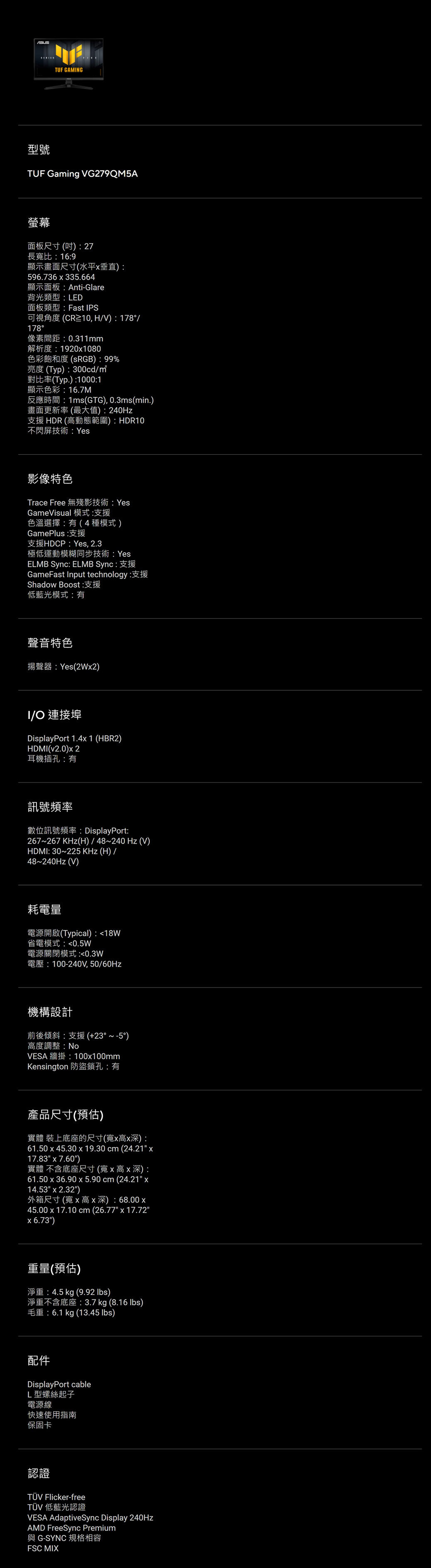 TUF GAMNG型號TUF Gaming VG279QM5A螢幕面板尺寸(吋:27長寬比:16:9顯示畫面尺寸(水平垂直):596.736  335.664顯示面板:Anti-Glare背光類型:LED面板類型:Fast IPS可視角度(CR10,HV):178/178像素間距:0.311mm解析度:19201080色彩飽和度(sRGB):99%亮度(Typ):300cd/對比率(Typ.):1000:1顯示色彩:16.7M反應時間:1ms(GTG),0.3ms(min.)畫面更新率(最大值):240Hz支援 HDR (高動態範圍) : HDR10不閃屏技術:Yes影像特色Trace Free 無殘影技術:YesGameVisual 模式:支援色溫選擇:有(4種模式)GamePlus:支援支援HDCP:Yes, 2.3極低運動模糊同步技術:YesELMB Sync: ELMB Sync: 支援GameFast Input technology:支援Shadow Boost:支援低藍光模式:有聲音特色揚聲器:Yes(2W2)I/ 連接埠DisplayPort 1.4 1 (HBR2)HDMI(v2.0) 2耳機插孔:有訊號頻率數位訊號頻率: DisplayPort:267~267 KHz(H)/48~240Hz (V)HDMI: 30~225 KHz(H)/48~240Hz (V)耗電量電源開啟(Typical) : 18W省電模式:0.5W電源關閉模式:0.3W電壓:100-240V,50/60Hz機構設計前後傾斜:支援(+23°~-5°)高度調整:VESA 牆掛:100100mmKensington 防盜鎖孔:有產品尺寸(預估)實體 裝上底座的尺寸(寬高x深):61.50 x 45.30 x 19.30 cm(24.21 x17.83 x 7.60)實體 不含底座尺寸(寬x高x深):61.50 x 36.90 x 5.90 cm(24.21 x14.53 x 2.32)外箱尺寸(寬x高x深): 68.00 x45.00 x 17.10 cm (26.77 x 17.72x 6.73)重量(預估)淨重:4.5 kg (9.92 lbs)淨重不含底座:3.7 kg (8.16 lbs)毛重:6.1 kg (13.45 lbs)配件DisplayPort cableL型螺絲起子電源線快速使用指南保固卡認證 Flicker-freeTÜV 低藍光認證VESA AdaptiveSync Display 240HzAMD FreeSync Premium與 G-SYNC 規格相容FSC MIX