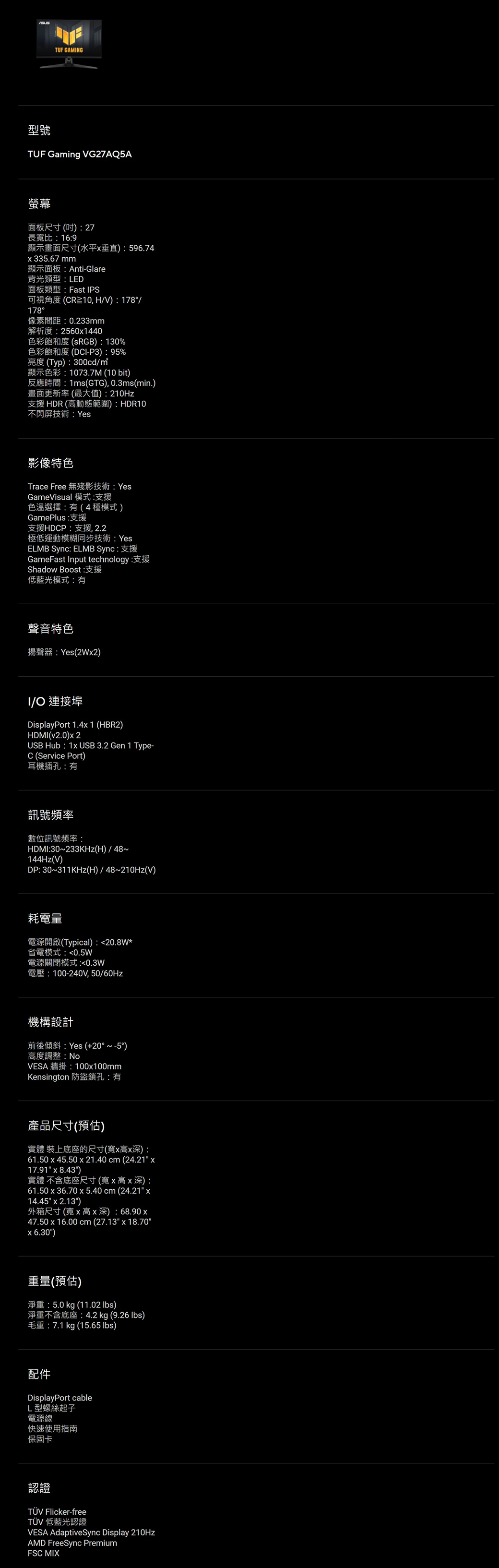 TUF GAMNG型號TUF Gaming VG27AQ5A螢幕面板尺寸()27長寬比:16:9顯示畫面尺寸(水平垂直):596.74335.67 mm顯示面板:Anti-Glare背光類型:LED面板類型:Fast IPS可視角度(CR10,HV):178/178°像素間距:0.233mm解析度:25601440色彩飽和度(sRGB): 130%色彩飽和度(DCI-P3):95%亮度(Typ):300cd/顯示色彩:1073.7M (10 bit)反應時間:1ms(GTG), 0.3ms(min.)畫面更新率(最大值):210Hz支援HDR(高動態範圍):HDR10不閃屏技術:Yes影像特色Trace Free 無殘影技術:YesGameVisual 模式:支援色溫選擇:有(4種模式)GamePlus:支援支援HDCP:支援,2.2極低運動模糊同步技術:YesELMB Sync: ELMB Sync: 支援GameFast Input technology :支援Shadow Boost:支援低藍光模式:有聲音特色揚聲器:Yes(2W2)I/O 連接埠DisplayPort 1.41 (HBR2)HDMI(v2.0)2USB Hub: 1x USB 3.2 Gen 1 Type-C (Service Port)耳機插孔:有訊號頻率數位訊號頻率:HDMI:30〜233KHz(H)/48144Hz(V)DP: 30~311KHz(H)/48~210Hz(V)耗電量電源開啟(Typical):20.8W*省電模式:0.5W電源關閉模式:0.3W電壓:100-240V,50/60Hz機構設計前後傾斜:Yes (+20°~-5°)高度調整:NoVESA 牆掛:100x100mmKensington 防盜鎖孔:有產品尺寸(預估)實體 裝上底座的尺寸(寬x高x深):61.50 x 45.50 x 21.40 cm(24.21 x17.91 x 8.43)實體 不含底座尺寸(寬x高x深):61.50 x 36.70 x 5.40 cm(24.21 x14.45 x 2.13)外箱尺寸(寬x高x深):68.90 x47.50 x 16.00 cm (27.13 x 18.70x6.30)重量(預估)淨重:5.0 kg (11.02 lbs)淨重不含底座: 4.2 kg (9.26 lbs)毛重:7.1 kg (15.65 lbs)配件DisplayPort cableL型螺絲起子電源線快速使用指南保固卡認證TÜV Flicker-free 低藍光認證VESA AdaptiveSync Display 210HzAMD FreeSync PremiumFSC MIX