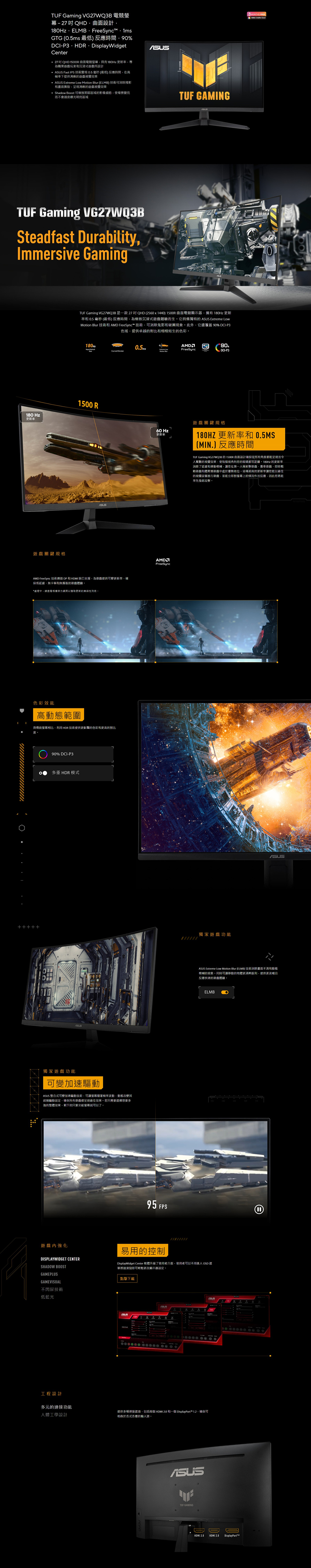 TUF Gaming VG27WQ3B電競螢幕-27QHD曲面設計ELMBFreeSynctGTG ms 最低反應時間90-P3HDR DisplayWidgetCenter27QHD 1500R 曲面電競具有0Hz 更新職業遊戲玩家沉浸式遊戲所設計  Fast IPS 技術05毫秒 (最低)反應時間在高幀下提供清晰的遊戲視覺效果  Extreme Low Motion Blur (ELMB) 技術可消除殘影和撕裂清晰的遊戲視覺效果 Shadow Boost可增強黑暗區域的影像細節使場景變亮而不會過度曝光明亮區域TUF GAMINGTUF Gaming VG27WQ3BSteadfast DurabilityImmersive Gaming180 Hz更新率遊戲關鍵規格TUF Gaming VG27WQ3B 是一款27QHD (2560x1440) 1500R 曲面電競顯示器擁有 180Hz 更新率和 0.5 毫秒 (最低)反應時間為極致沉浸式遊戲體驗而生它具備獨特的  Extreme LowMotion Blur 技術和  FreeSync 技術可消除鬼影和破現象此外它還覆蓋 90% DCI-P3色域提供卓越的對比和栩栩如生的色彩180Hz 1500 R  FreeSync 技術DP和HDMI 端口支援為遊戲提供可變更新率保低延遲無卡頓和無撕裂的遊戲體驗處理中請查看相應官方網頁以獲取更新的兼容性列表色彩效能高範圍與傳統螢幕相比利用HDR 技術提供更鮮豔的色彩和更高的對比度90% DCI-P3多重 HDR 模式60 Hz更新率AMDFreeSyncAMD90%FreeSync DCI-P33 MONTHS FREE  遊戲關鍵規格180HZ 更新率和0.5MS(MIN.) 反應時間TUF Gaming VG27WQ3B 的 1500R曲面設計確保從所有角度都能出令人驚艷的視覺效果使每個視角到您的眼睛都等距離180Hz 的更新率消除了延遲和運動模糊讓您在第一人稱射擊遊戲賽車遊戲即時略遊戲和體育類遊戲中處於優勢地位這種超高的更新率讓您能以最佳的視覺設置進行遊戲並能立即對螢幕上的情況作出反應因此您將能率先發起攻擊。獨家遊戲功能 *獨家遊戲功能可變加速驅動ASUS 整合式可變加速驅動技術,可讓螢幕隨著波動,動態改變其超頻驅動設定,確保所有遊戲都呈現最佳效果,您只需要擇想要多果,剩下的只要交給螢幕就可以了。強的95 FPSASUSASUS Extreme Low Motion Blur (ELMB) 技術消除畫面和動態模糊的現象。同時可讓移動的物體更清晰銳利,提供更流暢且反應快速的遊戲體驗。ELMB遊戲內強化DISPLAYWIDGET CENTERSHADOW BOOSTGAMEPLUSGAMEVISUAL易用的控制DisplayWidget Center 軟體升級了使用者介面,使用者可以不用進入OSD 選單透過滑鼠即可輕鬆更改顯示器設定。點擊下載不閃屏技術低藍光工程設計多元的連接功能人體工學設計ASUS提供多種連接選項,包括兩個 HDMI 和一個 DisplayPort™ 1.2確保可相容於的輸入。ASUSTUF GAMINGHDMI 2.0HDMI 2.0 DisplayPort™18