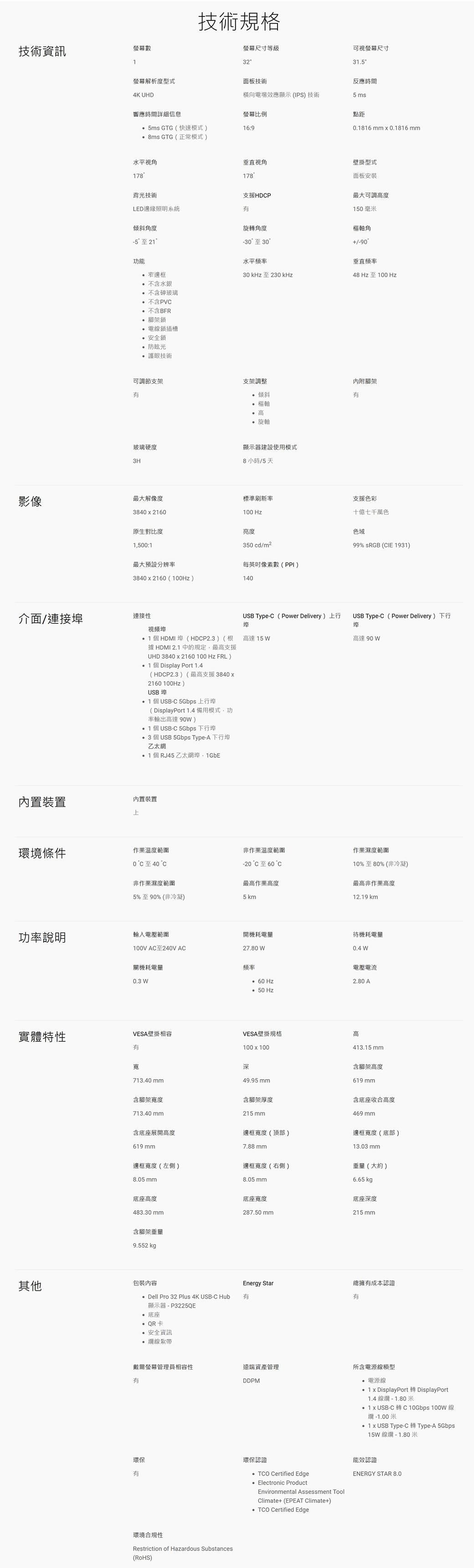 技術螢幕數技術規格螢幕尺寸等級可視螢幕尺寸32螢幕解析度型式面板技術反應時間4K UHD電場效應顯示(IPS)技術5 ms響應時間詳細信息螢幕比例點距 GTG(快速模式)6:908160.1816mm8ms GTG(正常模式)水平視角178垂直視角壁掛型式17830至30 面板安装最大可調度150毫米樞軸角90背光技術支援HDPLED邊緣照明系統有傾斜角度旋角度-5 至21功能 窄邊框 不含水銀 不含砷玻璃 不含PV 不含BFR 腳架鎖 電鎖插槽安全鎖 防眩光 護眼技術水平頻率30 kHz至230 kHz可調節支架有支架調整玻璃硬度3H垂直頻率48 Hz至100 Hz 傾斜樞軸高 旋軸內附腳架有顯示器建設使用模式8 小時/5 天影像最大解像度標準刷新率支援色彩38  2160100 Hz十億七千萬色原生對比度亮度色域1500:1350 cd/m299% sRGB (IE 1931)最大預設分辨率每數(PPI)38402160(100Hz)介面/連接埠連接性140USB Type- (Power Delivery)行埠視頻埠1個HDMI埠(HDP2.3)(根據 HDMI 2.1 中的規定最高支援UHD 3840 x 2160 100 Hz FRL) 1個 Display Port 1.4(HDCP2.3)(最高支援3840x2160 100Hz)USB 埠1個USB-C 5Gbps 上行埠(DisplayPort 1.4備用模式,功率輸出高達 90)1個USB-C 5Gbps 下行埠3 個USB 5Gbps Type-A 下行埠乙太網 1 個RJ45 乙太網埠,1GbE高達15內置裝置內置裝置上USB Type-C(Power Delivery)下行埠高達 90 環境條件作業溫度範圍非作業溫度範圍作業濕度範圍C至40 C-20C至60°C10%至80%(非冷凝)非作業濕度範圍最高作業高度最高非作業高度5%至90%(非冷凝)5km12.19 km功率說明輸入電壓範圍開機耗電量待機耗電量100V AC至240V AC27.80 0.4 W關機耗電量頻率0.3 W 60 Hz電壓電流2.80 A 50 Hz實體特性VESA壁掛相容VESA壁掛規格高有100x100寬深713.40 mm含腳架713.40 mm含腳架厚度215 mm49.95 mm413.15 mm含腳架高度619 mm含底座收合高度469 mm含底座展開高度邊框寬度(頂部)邊框寬度(底部)619 mm7.88 mm13.03 mm邊框寬度(左側)邊框寬度(右側)重量(大約)8.05 mm8.05 mm底座高度483.30mm含腳架重量底座寬度287.50 mm6.65 kgp底座深度215 mm9.552 kgp其他包裝內容 Dell Pro 32 Plus 4K USB-C Hub顯示器-P3225QE 底座QR卡安全資訊 線紮帶Energy Star總擁有成本認證有有戴爾螢幕管理員相容性有遠端資產管理所含電源線型DDPM環保有環保認證環境合規性Restriction of Hazardous Substances(RoHS) 電源線 1 x DisplayPort DisplayPort1.4 線纜 - 1.80 米 USB-C 轉  100W 線纜-1.00米.1 x USB Type-C 轉 Type-A 5Gbps15W 線纜-1.80米 TCO Certified Edge Electronic ProductEnvironmental Assessment ToolClimate+ (EPEAT Climate+) TCO Certified Edge能效認證ENERGY STAR 8.0