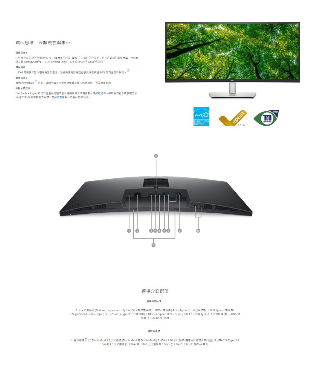 環保思維兼顧現在與未來環保標準Dell 的設計使用 8% PCR 消费後可回收 塑膠90%的回收且符合最新的環保標準例如之星 (Energytar) Certified Ed,並完成  Gold) 註冊環保包裝 Dell 商用顯示器以環保為設計理念,出貨時使用的特定包裝元件由高達90% 的再生材料製成,節省: PowerNap ,讓顯示器在未使用時變或進入休眠狀態,有效節能源,推動永續發展:Dell Technologies 在產品的整個生命週期中減少環境衝擊請到這裡深入我們對永續發展的承和 2030 年社會影響力目標,並到這裡瞭解我們產品的碳足跡。 介面選項連接和:ENERGY STARPARTNER的:10epeatGOLD1. 安全防盜孔 (採用 KensingtonSecurity Slot)  2.電源連接器  3.HDMI 連接  4.DisplayPort  .底座鎖功能   TypeC 連接 7.SuperSpeed US 5 Gbps (USB 3.2 Gen1) TypeB 上行連接 | 8.10.SuperSpeed USB S Gbps (USB 3.2 Gen1) Type-A 下行連接埠 (4) | 9.RJ45 連接埠 | 11.SoundBar 插槽1. 源 | 2. DisplayPort 1.8 公尺 (DisplayPort  DisplayPort) | 3.HDMI 1.80 公尺 (於特定國家/地區) |-C 5 Gbps (3.2Gen1) 1.8 公尺線|-A USB-B 上行連接埠 5 Gbps (3.2 Gen1) 1.8 公尺線(AB)ge