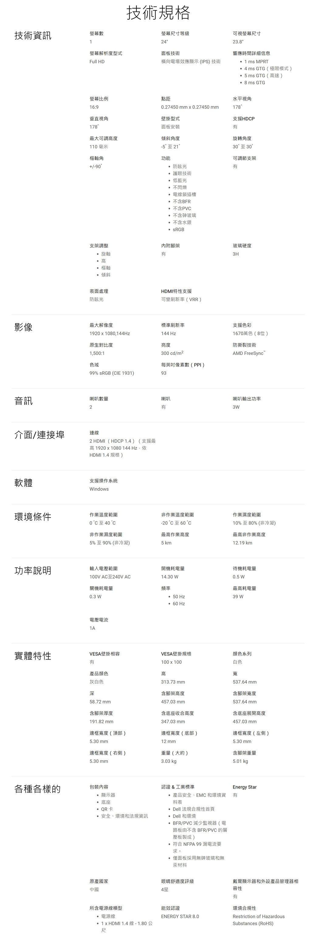 技術規格技術資訊螢幕螢幕尺寸等級24可視螢幕尺寸23.8螢幕解析度型式面板技術Full HD橫向電場效應顯示(IPS技術響應時間詳細信息 1 ms MPRT GTG(極限模式)5ms GTG(速) 8ms GTG螢幕比例點距水平視角16:90.274 mm  0.27450mm178垂直視角壁掛型式支援HDP178面板安裝最大可調高度傾斜角度110毫米-5至 21旋轉角度30至30樞軸角功能可調節支架90 防眩光 護眼技術 低藍光 不閃爍電線鎖插槽不含BFR不含PV 不含砷玻璃不含水銀 sRGB內附腳架玻璃硬度3H支架調整 旋軸 高 樞軸 傾斜表面處理防眩光HDMI特性支援可變刷新率(VRR)影像最大解像度標準刷新率支援色彩19201080144144Hz1670萬色(8位)原生對比度亮度防撕裂技術1,500:1色域300 cd/m2每英吋像素數(PPI)AMD FreeSync99% sRGB (IE 1931)93音訊喇叭數量2介面/連接埠連線2 HDMI(HDP1.4) (支援最高 1920x1080 144Hz,依HDMI 1.4 規格 )軟體支援操作系統indows喇叭喇叭輸出功率3環境條件作業溫度範圍C至40°C非作業濕度範圍5%至90%(非冷凝)非作業溫度範圍-20 °C至60 °C最高作業高度5 km作業濕度範圍10%至80%(非冷凝)最高非作業高度12.19 km功率說明輸入電壓範圍開機耗電量待機耗電量100V AC至240V AC14.30 W關機耗電量頻率0.3 W50 Hz0.5 W最高耗電量39 W電壓電流 60 Hz實體特性VESA壁掛相容VESA壁掛規格有產品顏色灰白色深58.72 mm100x100高313.73mm含腳架高度457.03 mm顏色系列白色寬537.64mm含腳架寬度537.64mm含腳架厚度含底座收合高度含底座展開高度191.82 mm邊框寬度(頂部)5.30 mm347.03 mm457.03 mm邊框寬度(底部)邊框寬度(左側)5.30 mm12 mm邊框寬度(右側)重量(大約)含腳架重量5.30 mm3.03 kgp5.01 kgp各種各樣的包裝內容 顯示器 底座QR卡安全、環境和法規資訊認證&工業標準Energy Star 產品安全、EMC 和環境資 有料表 Dell 法規合規性首頁 Dell 和環境 BFR/PVC 減少監視器(電路板由不含 BFR/PVC 的層壓板製成) 符合 NFPA 99 漏電流要僅面板採用無砷玻璃和無汞材料原產國家中國眼睛舒適度評級4星戴爾顯示器和外設產品管理器相容性有所含電源線電源線能效認證環境合規性ENERGY STAR 8.01 x HDMI 1.4線-1.80公尺Restriction of HazardousSubstances (RoHS)