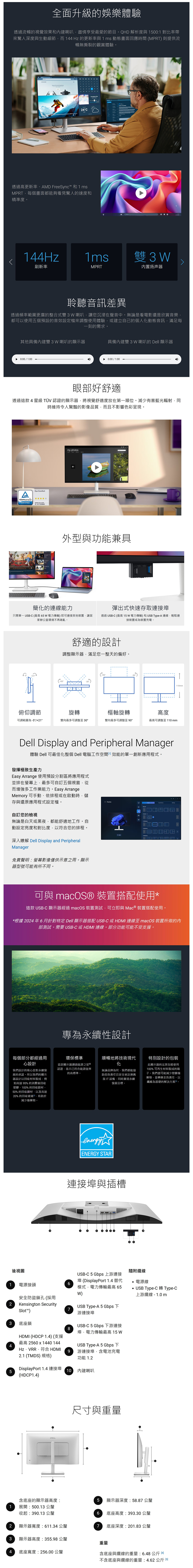 全面升級的娛樂體驗透過流暢的視覺效果和喇叭盡情享受最愛的節目QHD 解析度與 00:1 對比率帶來驚人深度與生動細節而 144 Hz 的更新率與 1 ms 動態畫面應時間 MPRT) 則提供流暢無撕裂的觀賞體驗。    to  24C透過高更新率、AMD FreeSync 和1msMPRT每個畫面都能夠看見驚人的速度和精準度。144Hz1ms雙3刷新率MPRT内置扬声器聆聽音訊差異透過頻率範圍更廣的整合式雙3 喇叭讓您沉浸在聲音中。無論是看電影還是欣賞音樂都可以使用五個預設的音效設定檔來調整使用體驗或建立自己的個人動態音訊滿足每一刻的需求。其他具備內建雙3W 喇叭的顯示器具備內建雙3W 喇叭的 Dell 顯示器0::000:00 / 1:00眼部好舒適透過這款4星級  認證的顯示器將視覺舒適度放在第一順位。減少有害藍光輻射同時維持令人驚豔的影像品質而且不影響色彩呈現。ATÜVRheinlandCERTIFIEDEye Comfortwww.tuv.comID 0217009883my photos外型與功能兼具簡化的連線能力彈出式快速存取連接埠只需 USB-C(最高65W電力傳輸)即可連接其他裝置,讓居家辦公室環境不再雜亂。透過USB-C (最高15W電力傳輸) 和USB Type-A 連線,輕鬆連接裝置或為裝置充電。舒適的設計調整顯示器,滿足您一整天的偏好。(°俯仰調節旋轉樞軸旋轉高度可調範圍為 -5°/21°雙向最多可調整至 30°雙向最多可調整至 90°最高可調整至110mmDell Display and Peripheral Manager體驗 Dell 可最佳化整個 Dell 電腦工作空間效能的單一創新應用程式。發揮極致生產力Easy Arrange 使用預設分割區將應用程式並排在螢幕上,最多可自訂五個視窗,從而增強多工作業能力。Easy ArrangeMemory 可手動、依排程或在啟動時,儲存與還原應用程式設定檔。+ Display自訂您的檢視無論是白天或黑夜,都能舒適地工作。自動設定亮度和對比度,以符合您的排程。深入瞭解 Dell Display and PeripheralManager免責聲明:螢幕影像僅供示意之用。顯示器型號可能有所不同。110mm可與 macOS 裝置搭配使用*這款 USB-C 顯示器經過 macOS 裝置測試,可立即與 Mac ® 裝置搭配使用。*根據 2024年6月針對特定 Dell 顯示器搭配 USB-C 或HDMI 連線至 macOS 裝置所做的內部測試。需要 USB-C 或HDMI 連線。部分功能可能不受支援。專為永續性設計每個部分都經過用心設計我們設計的核心是對永續發展的承諾。所以我們的顯示器設計以回收材料製成,如高達95%的消費後回收塑膠、100%的回收鋁材、50% 的回收鋼材,以及高達20% 的回收玻璃,有助於減少廢棄物。環保標準這款顯示器通過能源之星 ®認證,表示已符合能源效率的高標準。順暢地將技術現代化特別設計的無論品牌為何,我們都能協助您負責任且安全地版IT設備,同時實現永續發展目標。此顯示器的出貨包裝使用100%可再生材料製成的箱子。我們盡可能減少塑膠廢棄物,並轉換至負責任、以纖維為基礎的解決方案回。後視圖1 電源接頭安全防盜鎖孔(採用Kensington Security2Slot™)3底座鎖45123energyENERGY STAR連接埠與插槽隨附纜線USB-C 5 Gbps 上游連接埠(DisplayPort 1.4 替代電源線6模式,電力傳輸最高 65 USB Type-C 轉Type-CW)上游纜線-1.0mUSB Type-A 5 Gbps 下7游連接埠USB-C 5 Gbps 下游連接8埠,電力傳輸最高 15 WHDMI (HDCP 1.4) (支援最高 2560x1440 144Hz,VRR,符合 HDMI2.1 (TMDS) 規格)DisplayPort 1.4 連接埠(HDCP1.4)USB Type-A 5 Gbps 下9 游連接埠,含電池充電功能 1.210內建喇叭尺寸與重量含底座的顯示器高度:展開:500.13 公釐收起:390.13 公釐顯示器寬度:611.34 公釐顯示器高度:355.98公釐5 顯示器深度:58.87 公釐67底座高度:393.30 公釐底座深度:201.83 公釐4底座寬度:256.00公釐重量含底座與纜線的重量:6.48公斤 不含底座與纜線的重量:4.62公斤 5