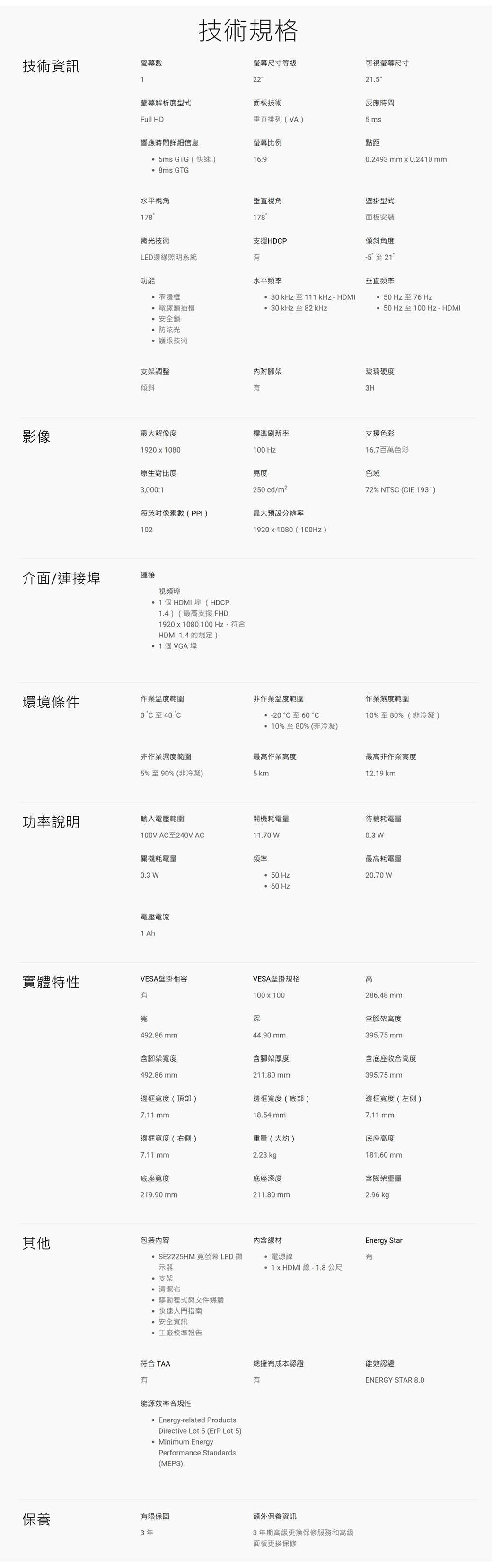 技術資訊螢幕數技術規格螢幕尺寸等級可視螢幕尺寸222.5螢幕解析度型式面板技術反應時間Full HD垂直排列(VA5 ms響應時間詳細信息螢幕比例5ms GTG(快速)16:9點距.2493 mm  0.24 mm 8ms GTG水平視角垂直視角壁掛型式178178面板安裝背光技術支援HDP傾斜角度LED邊緣照明系統水平頻率功能 窄邊框 電線鎖插槽 kHz至111 kHz-30kHz至82 kHz-5至 21垂直頻率 Hz至76 Hz至100Hz-安全鎖防眩光護眼技術支架調整傾斜內附腳架影像最大解像度標準刷新率1920  1080100 Hz原生對比度3000:1亮度250 cd/m2每英吋像素數(PPI)最大預設分辨率10219201080(100Hz)介面/連接埠連接視頻埠1個HDMI埠(HDP1.4)(最高支援 FHD1920 x 1080 100 Hz,符合HDMI 1.4 的規定)1個VGA埠環境條件作業溫度範圍0至40C玻璃硬度3H支援色彩16.7百萬色彩色域72% NTSC (CIE 1931)非作業溫度範圍  C 60 °C10%至80% (非冷凝)作業濕度範圍10%至80%(非冷凝 )非作業濕度範圍最高作業高度5%至90% (非冷凝)5 km最高非作業高度129 km功率說明輸入電壓範圍開機耗電量待機耗電量100V AC至240V AC11.70 W0.3 W關機耗電量頻率0.3 W 50 Hz最高耗電量20.70 W電壓電流1 Ah 60 Hz實體特性VESA壁掛相容VESA壁掛規格高有100x100寬492.86 mm深44.90 mm286.48mm含腳架高度395.75 mm含腳架寬度含腳架厚度492.86 mm211.80 mm含底座收合高度395.75 mm邊框寬度(頂部)邊框寬度(底部)邊框寬度(左側)7.11 mm18.54 mm7.11 mm邊框寬度(右側)重量(大約)底座高度7.11 mm底座寬度219.90 mm2.23 kg底座深度181.60 mm211.80 mm含腳架重量2.96 kg其他包裝內容內含線材 SE2225HM 寬螢幕 LED 顯示器 支架 清潔布驅動程式與文件媒體快速入門指南安全資訊 工廠校準報告符合 TAA有能源效率合規性Energy-related ProductsDirective Lot 5 (ErP Lot 5) Minimum EnergyPerformance Standards(MEPS)保養有限保固3年 電源線.1 x HDMI線 - 1.8 公尺Energy Star有總擁有成本認證能效認證有ENERGY STAR 8.0額外保養資訊3年期高級更換保修服務和高級面板更換保修