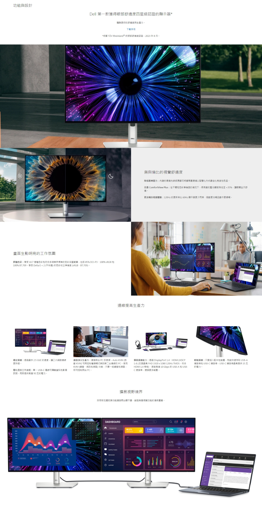 功能與設計穩定連線透過 2.5 GbE 的讓乙太網路連線Dell 第款獲得眼部舒度四星級的顯示器*畫面生動明亮的工作氛圍色彩 10.7 億種色彩和符合多項界的色彩涵蓋範圍包括 85% DCIP3100%  和100% BT.709享受 Delt E  2 平均值) 的色彩校正確度sRGBBT.709)簡化您的工作流程單- USB-C 線傳輸資料和影像訊號同時提供高達90瓦的電力體驗更好的舒適度與生產力下載手冊*根據  Rhenland的眼部舒適度認證2023年8月創造頂尖生產力連接  訊號源Auto KVM 動 KVM) 可將控制順暢切换到第二台連線的 PC。使用KVM 視訊和滑鼠) 功能只要一組和滑鼠。即可控制兩台PC, DASHBOARDi-連線提高生產力採用菊花拓撲功能連接兩台顯示器,創造無損視覺效能的畫質, 擴展視野境界無與倫比的視覺舒適度降低眼睛壓力的環境光線感應器可根據周圍環境以智慧化方式最佳化亮度和色温,改善 ComfortView Plus:在不犧牲色彩準確度的情況下,將的藍光輻射降低至35%,讓眼睛全天舒適更流暢的視覺體驗:120Hz 的更新率比 60Hz 顯示器更少捲動更流暢且動作更順暢。擴展連線能力:透過 DisplayPort 1.4、HDMI (HDCP() (支援最高 FHD 1920  1080 120Hz TMDS,符合HDMI 1.4 )、速度高達 10 Gbps 的USB-A和USB-C連接線,連接更多。%2481a 31124476 2 可輕鬆連線:只要配件和裝置,就能快速存取 USB-A連接和 USB-C 連接埠:USB-C 連接埠最高提供 15 瓦的電力。