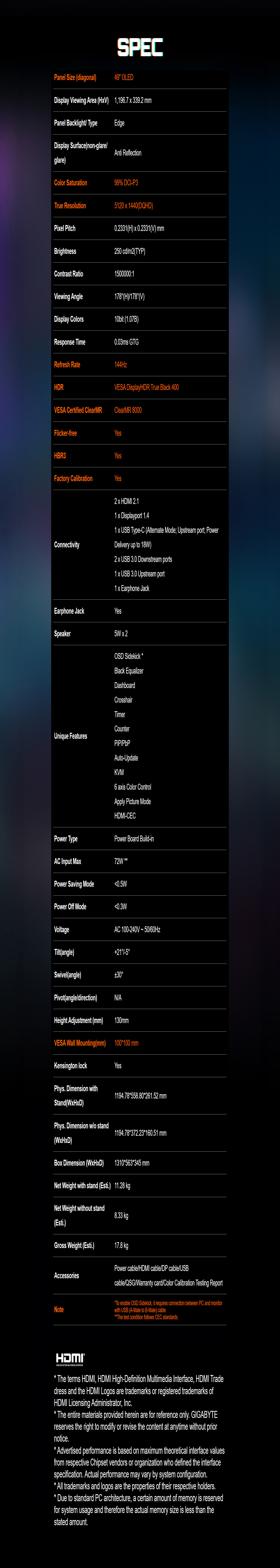 SPECPanel Size diagonal49 OLEDDisplay Viewing Area  1,1967   mmPanel Backlight TypeEdgeDisplay SurfacenonglareAnti ReflectionglareColor Saturation99 -P3True Resolution51201440(DQHD)Piel Pitch02331(H) x 02331(V) mmBrightness250 cdm2(TYP)Contrast Ratio1500000:1Viewing Angle178(H)178(V)Display Colors10bit (1.07B)Response Time0.03ms GTGRefresh Rate144HzHDRVESA DisplayHDR True Black 400VESA Certified ClearMRClearMR 8000Flicker-freeYesHBR3YesFactory CalibrationYesConnectivity HDMI 2.11x Displayport 1.41 x USB Type-C (Alternate Mode; Upstream port; PowerDelivery up to 18W) USB 3.0 Downstream ports1 x USB 3.0 Upstream port1 x Earphone JackEarphone JackYesSpeaker5Wx2OSD Sidekick Black EqualizerDashboardCrosshairTimerCounterUnique FeaturesPiP/Auto-UpdateKVM6 axis Color ControlApply Picture ModeHDMI-CECPower TypePower Board Build-inAC Input Max72W Power Saving Mode0.5WPower Off Mode0.3WVoltageAC 100-240V 50/60HzTilt(angle)21%Swivel(angle)30Pivot(angle/direction) N/AHeight Adjustment (mm) 130mmVESA Wall Mounting(mm)100 mmKensington lockYesPhys. Dimension withStand()1194.78558.80261.52 mmPhys. Dimension w/o stand()1194.78372.23160.51 mmBox Dimension ()1310*563*345 mmNet Weight with stand (Esti.) 11.28 kgNet Weight without stand8.33 kg(Esti.)Gross Weight (Esti.)17.8 kgAccessoriesNotePower cable/HDMI cable/DP cable/USBcable/QSG/Warranty card/Color Calibration Testing Report*To enable OSD Sidekick, it requires connection between PC and monitorwith USB (A-Male to B-Male) cable.The test condition follows CEC standards.-  INTERFACE* The terms HDMI, HDMI High-Definition Multimedia Interface, HDMI Tradedress and the HDMI Logos are trademarks or registered trademarks ofHDMI Licensing Administrator, Inc.* The entire materials provided herein are for reference only. GIGABYTEreserves the right to modify or revise the content at anytime without priornotice.* Advertised performance is based on maximum theoretical interface valuesfrom respective Chipset vendors or organization who defined the interfacespecification. Actual performance may vary by system configuration.*All trademarks and logos are the properties of their respective holders.* Due to standard PC architecture, a certain amount of memory is reservedfor system usage and therefore the actual memory size is less than thestated amount.