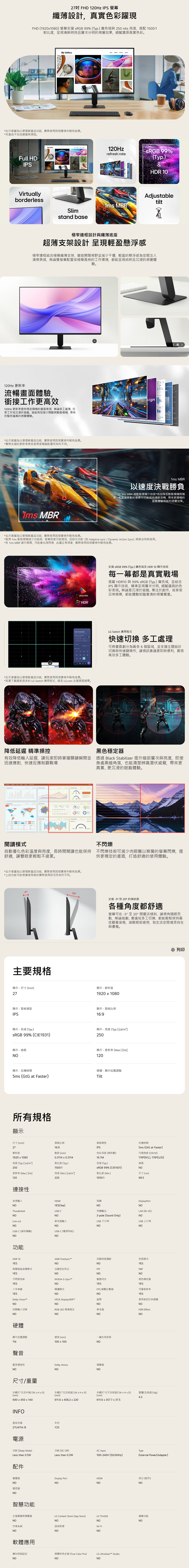 27吋 FHD 120Hz IPS 螢幕纖薄設計,真實色彩躍現FHD (19201080) 螢幕支援 sRGB 99% (Typ.) 廣色域與 20 nits 亮度,搭配 15001對比度,呈現清晰明亮且次分明的視覺效果,細膩還原真實色彩。 Gallery*此示意圖為以便理解產品功能,實際使用因現實條件略有差異。*本產品不包含鍵盤與滑鼠。Full HDIPSVirtuallyborderlessMy GallerySlimstand base  120Hzrefresh rate MBR 99%(Typ.)&HDR 10Adjustabletilt極窄邊框設計與纖薄底座超薄支架設計呈現輕盈懸浮感極窄邊框結合極簡纖薄支架,營造開闊視野並減少干擾,輕盈的懸浮感為空間注入清爽美感,無論雙螢幕配置或極簡風格的工作環境,都能呈現純粹且沉浸的視覺體驗。 120Hz 更新率流暢畫面體驗,銜接工作更高效120Hz 更新率提供穩定順暢的畫面表現,無論多工處理日常工作或沉浸於遊戲,皆能有效減少間斷與動態模糊,帶來完整而逼真的視覺體驗。sign*此示意圖為以便理解產品功能,實際使用因現實條件略有差異。*實際支援的更新率將依使用者電腦配置而有所不同。1ms MBR1ms MBR以速度決戰勝負以1ms MBR 減動態模糊少技術*有效降低動態模糊與殘影,在高速移動的場景中仍能保持清晰流暢,帶來更順暢的遊戲體驗與銳利視覺效果。*此示意圖為以便理解產品功能,實際使用因現實條件略有差異。*啟用 1ms 動態模糊減少功能時,螢幕亮度可能降低,且部分功能(如Adaptive sync/ Dynamic Action Sync)將無法同時使用。*在 1ms MBR 運行期間,可能會出現閃爍,此屬正常現象,實際使用因現實條件略有差異。SRGB 99%HDRSmart Screen 支援 sRGB 99% (Typ.)廣色域及HDR 10 顯示技術每一幕都是真實戰場搭載 HDR10 與 99% sRGB (Typ.)廣色域,並結合IPS 顯示技術,精準呈現層次分明、細膩逼真的色彩表現。無論是沉浸於遊戲、專注於創作,或享受日常娛樂,都能體驗如臨實境的視覺宴。LG Switch 應用程式快速切換 多工處理:可將畫面劃分為最多6個區域,並支援主題設計切換與快速鍵操作,讓視訊會議更即時便利,實現高效多工體驗。*此示意圖為以便理解產品功能,實際使用因現實條件略有差異。*若要下載最新版本的 LG Switch 應用程式,請至LG.com 支援頁面搜尋。降低延遲 精準操控黑色穩定器有效降低延遲,讓玩家即時掌握關鍵瞬間並透過 Black Stabilizer 提升暗部層次與亮度,即使迅速應對,快速反應制霸戰場身處黑暗角落,也能清楚辨識潛伏威脅,帶來更真實、更沉浸的遊戲體驗。Summary SummarySummary %閱讀模式不閃爍自動優化色彩溫度與亮度,長時間閱讀也能保持不閃爍技術可減少肉眼難以察覺的螢幕閃爍,提供更穩定的畫面,打造舒適的使用體驗。舒適,讓雙眼更輕鬆不疲累。*此示意圖為以便理解產品功能,實際使用因現實條件略有差異。*上述功能可能根據使用者的實際使用狀況而有所不同。主要規格顯示- 尺寸()2720支援 -5 20°的傾斜度各種角度都舒適螢幕可在-5°至20°間靈活傾斜,讓視角隨眼而動,無論追劇、會議或多工切換,都能輕鬆保持最佳觀看姿態,減輕眼部疲勞,為生活空間增添自在與優雅。顯示 - 解析度19201080顯示-面板類型顯示 - 面板比例IPS16:9顯示-色域(Typ.)SRGB99% (CIE1931)顯示- 亮度(Typ.) [cd/m²250顯示-曲面NO顯示-更新率(Ma.) [Hz]120顯示-反應時間硬體-顯示位置調整5ms (GtG at Faster)Tilt所有規格顯示尺寸(Inch)面板比例2716:9點距(mm)解析度1920 x 1080亮度(Typ.) [cd/m²]250更新率(Max.) [Hz]1200.3114 x 0.3114對比度(Typ.)1500:1亮度(Min.) [cd/m²]220面板類型IPS色彩深度(顏色)16.7M色域(Typ.)SRGB 99% (CIE1931)對比度(Min.)1050:1反應時間5ms (GtG at Faster)可視角度(CR≥10)178°(R/L), 178°(U/D)曲面NO尺寸(cm)68.5連接性音源HDMI菊鍊NOYES(1ea)NODisplayPortNOThunderboltUSB-C耳機輸出LAN (RJ-45)NONO3-pole (Sound Only)NOLine out麥克風USB 下行埠USB 上行埠NONO5NONOUSB-C (資料傳輸)USB-C (電源供給)NONO功能HDR 10YES智慧節能省電模式YES不閃屏技術AMD FreeSyncNO出廠色彩校正NONVIDIA G-自動亮度調節色弱模式NOYESPIPPBPNONO動態同步黑色穩定器YESNOYESYES十字準線閱讀模式FPS 幀數計數器可變更新率YESNONOYESDolby VisionVESA DisplayHDR超頻使用者自訂快捷鍵NONONONO自動輸入切換RGB LED 情境燈光麥克風HDR EffectNONONONO硬體顯示位置調整壁掛(mm)一鍵支架安裝Tilt100x100NO聲音藍芽連接性NO尺寸/重量外觀尺寸(含外箱)()(mm)690x450x140INFODolby Atmos層NO揚聲器NO外觀尺寸(含底座)()外觀尺寸(不含底座)(WxHxD)重量(含底座)(kg)(mm)611.6 x 458.2 x 220(mm)611.6 x 357.7 x 37.5產品名稱年份27U411A-BY25電源功耗 (Sleep Mode)Less than 0.5W功耗(DC Off)AC InputLess than 0.3W配件變壓器Display PortNONO遙控器NO智慧功能全螢幕網頁瀏覽器NO作業系統NO軟體應用雙向控制設定NO100240V (50/60Hz)TypeExternal Power(Adapter)HDMI其它(配件)NONOLG Content Store (App Store)LG ThinO®鏡像功能NONONO語音助理NOWi-FiNO硬體校色支援(True Color Pro)NOLG UltraGear StudioNO 列印