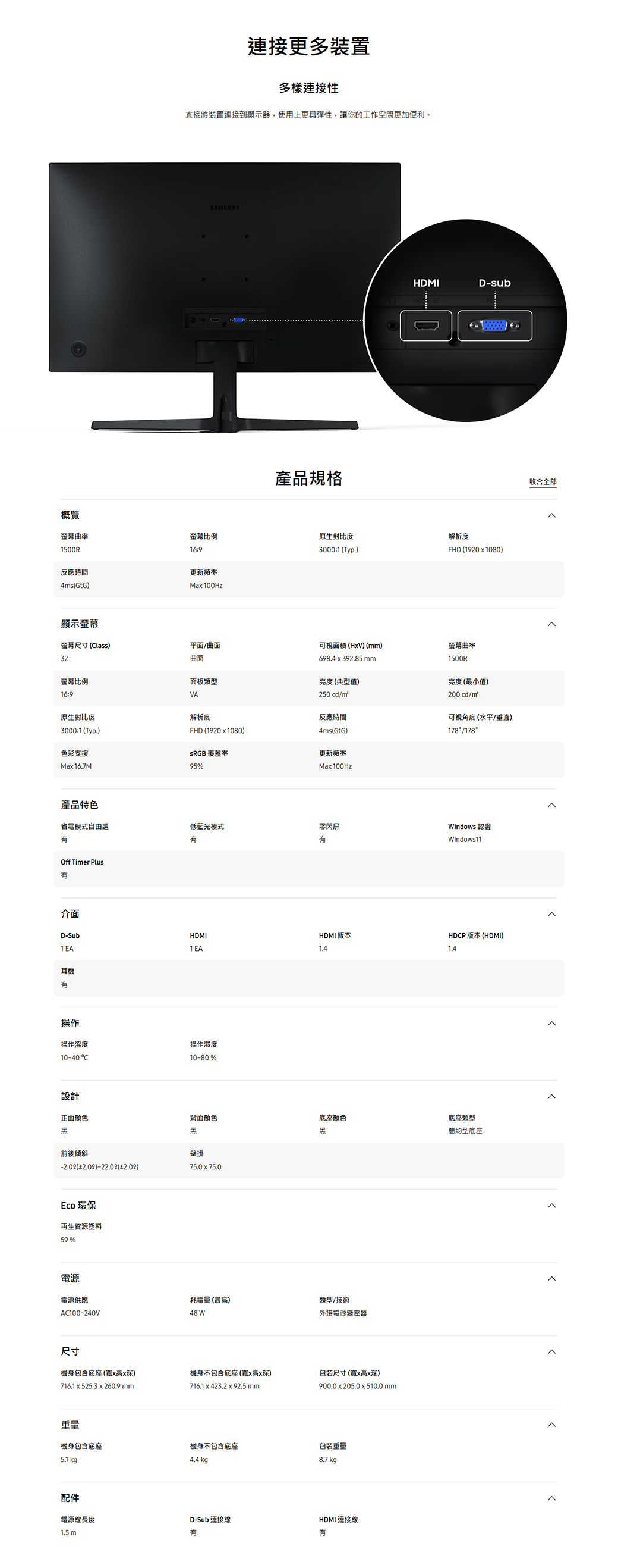 連接更多裝置多樣連接性直接將裝置連接到顯示器,使上更具彈性,讓你的工作空間更加便利。SAMSUNG產品規格HDMID-sub概覽螢幕曲率1500R螢幕比例原生對比度解析度16:93000:1 Typ.FHD 19201080反應時間4ms(GtG)更新頻率Ma 100Hz顯示螢幕螢幕尺寸(lass)平面/曲面可視面積(HV)(mm)32曲面螢幕比例面板類型16:9VA原生對比度解析度3000:1(Typ.)FHD (1920x1080)698.4x392.85mm亮度(典型值)250 /m反應時間4ms(GtG)色彩支援 覆蓋率更新頻率Max 16.7M95%Max100Hz產品特色省電模式自由選低藍光模式閃屏Off Timer Plus有介面D-Sub螢幕曲率1500R亮度(最小值)200 cd/m可視角度(水平/垂直)178/178Windows 認證Windows11HDMIHDMI 版本HDCP 版本 (HDMI)1 EA1 EA耳機有操作操作溫度10-40 C操作濕度10-80%設計正面颜色前後傾斜-2.0 () ()Eco 環保再生資源塑料59%電源背面顏色底座颜色用壁掛75.0x75.0電源供應耗電量 (最高)類型/技術AC100~240V48W外接電源變壓器尺寸機身包含底座(x高x深)機身不包含底座(x高x深)包裝尺寸(寬x高x深)716.1 x 525.3 x 260.9mm716.1 x 423.2 x 92.5 mm900.0x205.0x510.0 mm重量機身包含底座機身不包含底座包裝重量5.1 kg4.4 kg8.7 kg配件HDMI 連接線電源線長度D-Sub 連接線1.5 m有有底座類型簡約型底座收合全部