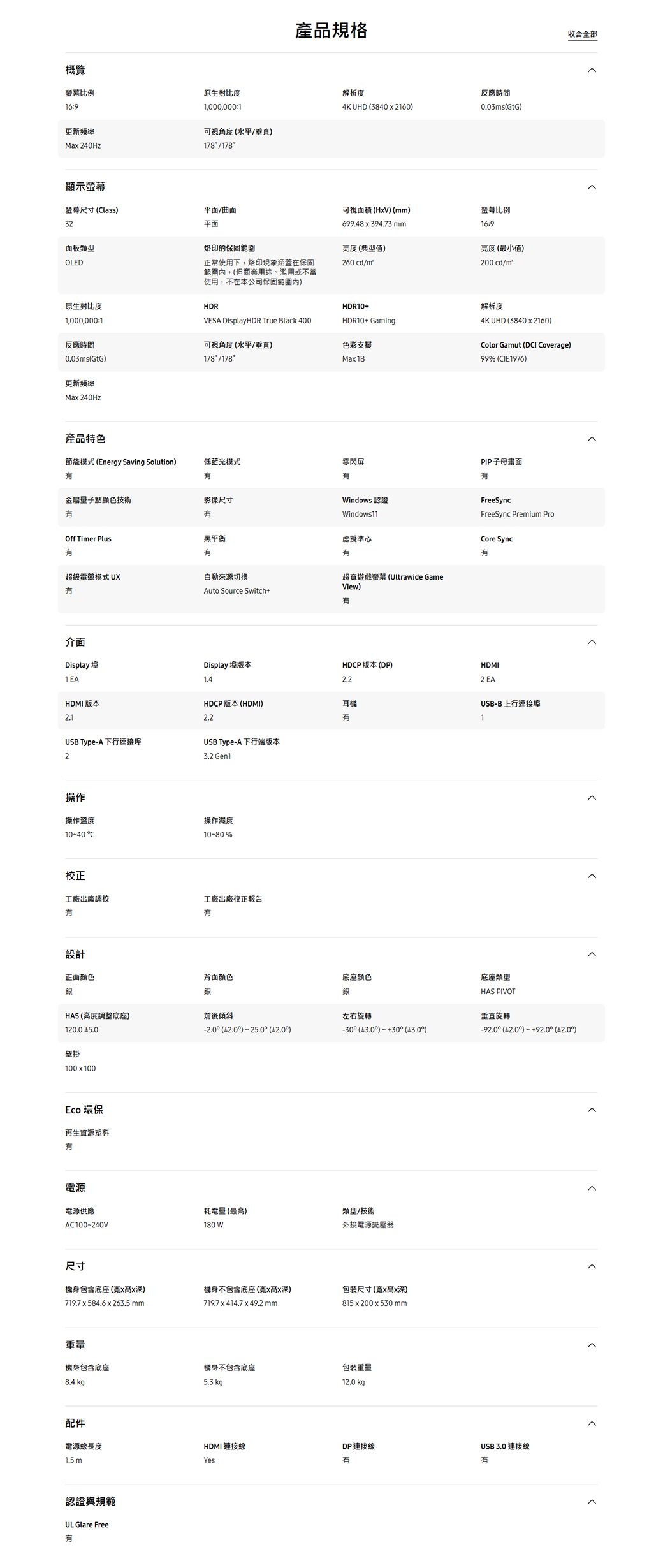 概覽螢幕比例16:9原生對比度1,000,000:1更新頻率可視角度水平垂直Ma 240Hz178/178顯示螢幕螢幕尺寸lass32平面/曲面平面產品規格解析度4K UHD 38402160反應時間0.03sGtG可視面積HxVmm699.48x394.73 mm面板類型OLED原生對比度烙印的保固範圍正常使用下,烙印現象涵蓋在保固範圍內。但商業用途、濫用或不當使用,不在本公司保固範圍內)亮度(典型值)260 /m1,000,000:1反應時間0.03ms(GtG)更新頻率Max 240Hz產品特色HDRHDR10VESA DisplayHDR True Black 400HDR10 Gaming可視角度(水平/垂直)178/178色彩支援Max 1B節能模式 (Energy Saving Solution)低藍光模式零閃屏金屬量子點顯色技術影像尺寸indows 認證Windows11Off Timer Plus黑平衡虛擬準心超級電競模式 UX自動來源切换Auto Source Switch超遊戲螢幕 (Ultrawide GameView)介面Display1 EAHDMI 版本螢幕比例16:9亮度(最小值)200 cd/m解析度4K UHD (3840x2160)Color Gamut (DCI Coverage)99 (CIE1976)PIP子母畫面FreeSyncFreeSync Premium ProCore SyncDisplay 埠版本HDCP 版本 (DP)HDMI1.42 EAHDCP 版本 (HDMI)2.2USB Type-A 下行連接埠USB Type-A 下行端版本23.2 Gen1操作操作溫度10-40 C操作濕度10-80%校正工廠出廠調校工廠出廠校正報告有有耳機有USB-B上行連接埠1收合全部設計正面颜色背面顏色銀銀底座颜色銀底座類型HAS PIVOTHAS (高度調整底座)前後傾斜左右旋轉垂直旋轉120.0 5.0- (%) 25.0 () () + ()-9 (2.0) +92.0 (2.0)壁掛100x100Eco 環保再生資源塑料有電源電源供應耗電量(最高)類型/技術AC100-240V180 W外接電源變壓器尺寸機身包含底座(寬x高x深)機身不包含底座(寬x高x深)719.7x584.6x263.5mm719.7 x 414.7 49.2mm包裝尺寸(寬x高x深)815x200x530mm重量機身包含底座機身不包含底座包裝重量8.4 5.3 kg12.0 kg配件USB 3.0 連接線電源線長度HDMI 連接線DP連接線1.5 mYes有有認證與規範UL Glare Free有