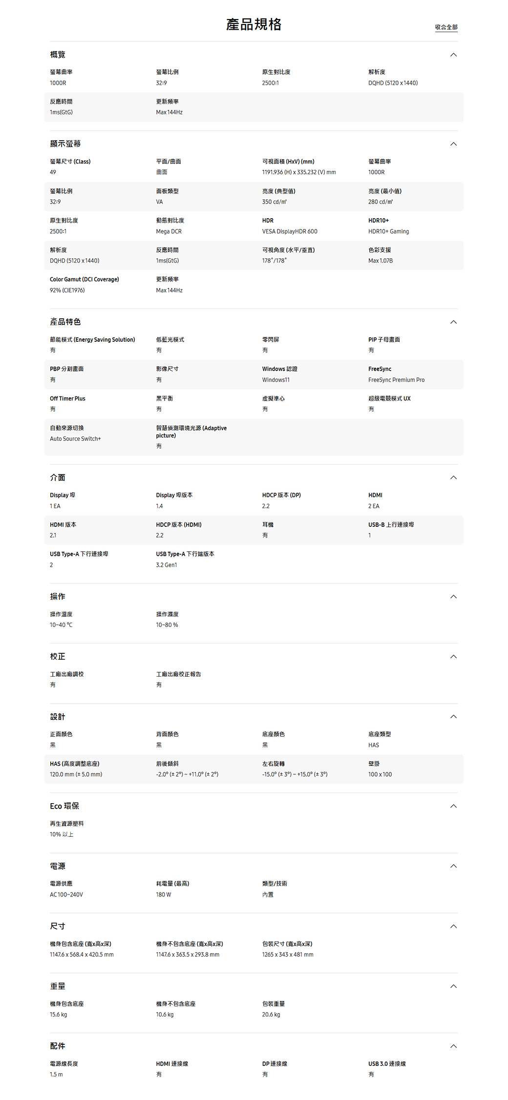 概覽產品規格螢幕螢幕比例原生對比度1000R反應時間1msGtG顯示螢幕:9更新Ma 144Hz500:1解析度DQHD 5120  1440螢幕尺寸 lass49平面/曲面曲面可視面積HV(mm)螢幕曲率1191.936 (H)  335.232 (V) mm1000R螢幕比例32:9面板類型VA亮度(典型值)亮度(最小值)350 cd/m原生對比度動態對比度HDR2500:1Mega DCR解析度DQHD (5120 x 1440)反應時間1ms(GtG)Color Gamut (DCI Coverage)更新頻率92% (CIE1976)Max 144Hz產品特色VESA DisplayHDR 600可視角度(水平/垂直)178/178節能模式 (Energy Saving Solution)低藍光模式零閃屏PBP分割畫面影像尺寸Off Timer Plus平衡自動切換智慧偵測環境光源(Adaptivepicture)Auto Source Switch介面DisplayHDMI 版本280 cd/mHDR10HDR10 Gaming色彩支援Max1.07Bindows 認證Windows11PIP子母畫面FreeSyncFreeSync Premium Pro超級電競模式 UX虛擬準心有有Display 版本HDCP 版本(DP)HDMI2 EAHDCP 版本 (HDMI)2.2耳機有USB-B上行連接1USB Type-A 下行連接埠USB Type-A 下行端版本23.2 Gen1操作操作溫度10-40 C操作濕度10-80%校正工廠出廠調校有工廠出廠校正報告有設計正面颜色背面顏色底座颜色黑HAS (高度調整底座)前後傾斜左右旋轉120.0 mm (5.0 mm)-2.0 (2) +11.0 (2)Eco 環保再生資源塑料10%以上電源電源供應AC100~240V尺寸耗電量 (最高)180 W機身包含底座(x高x深)1147.6x568.4420.5 mm機身不包含底座(寬x高x深)1147.6x363.5x293.8 mm底座類型HAS-15.0 ( 3) +15.0 (± 3)壁掛100x100類型/技術內置包装尺寸(寬x高x深)1265x343x481 mm重量機身包含底座機身不包含底座包裝重量15.6 kg10.6 kgp20.6 kgp配件USB3.0 連接線電源線長度HDMI 連接線DP連接線1.5 m有有有收合全部