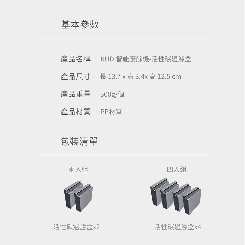 基本參數產品名稱 KUDI智能廚餘機-活性碳過濾盒產品尺寸長 13.7 x 寬 3.4x 高 12.5 cm產品重量 300g/個產品材質PP材質包裝清單兩入組四入組活性碳過濾盒活性碳過濾盒